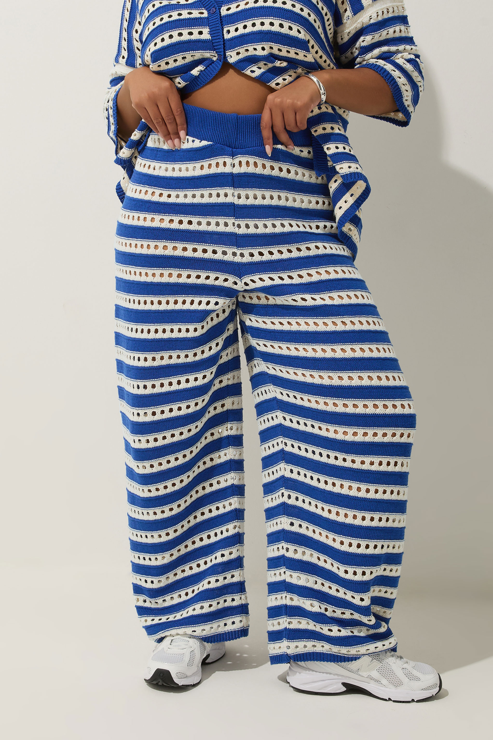 LIMITED COLLECTION Plus Size Blue & White Stripe Crochet Wide Leg Trousers | Yours Clothing 1