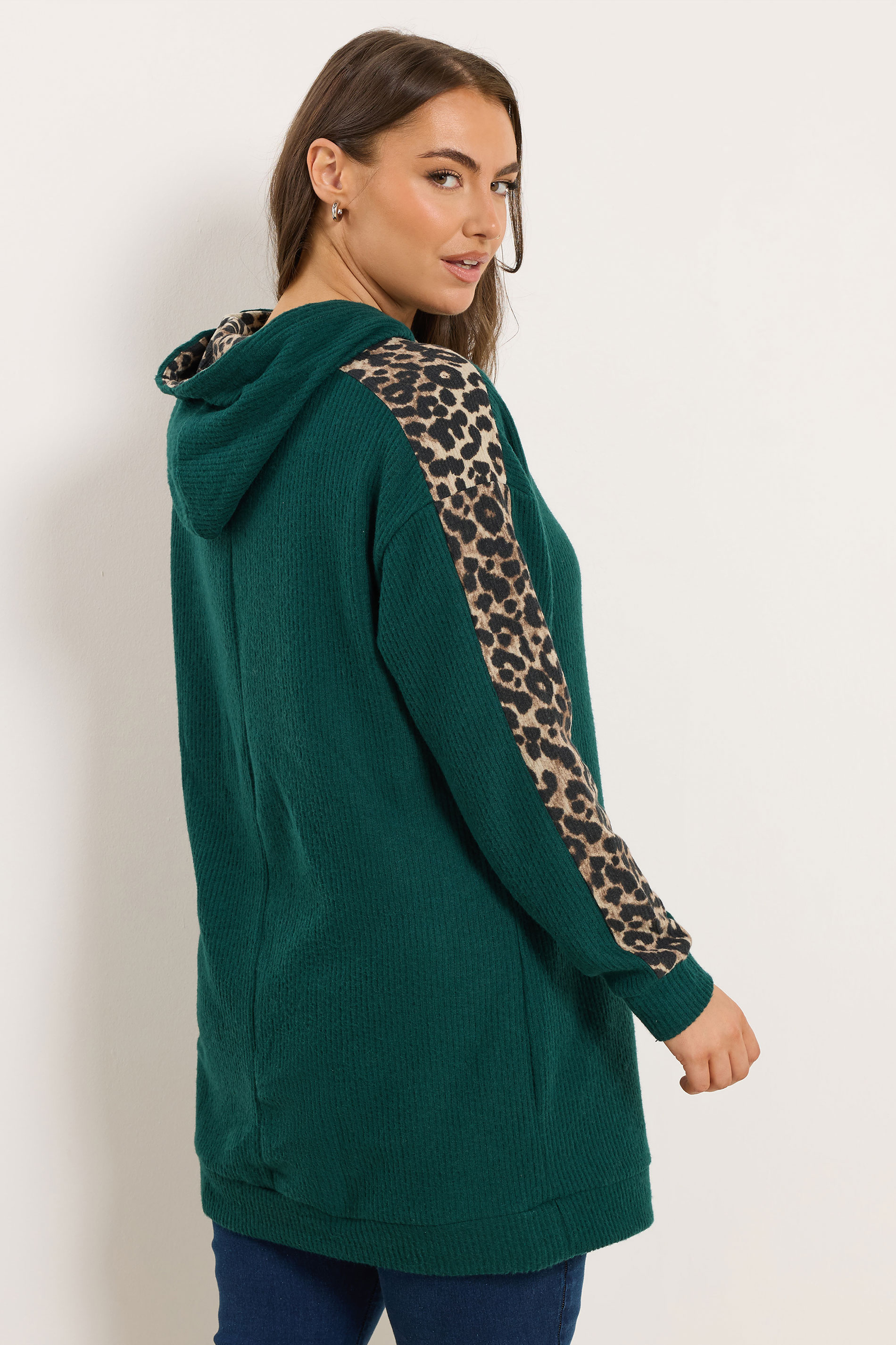 YOURS Plus Size Green Leopard Print Trim Hoodie | Yours Clothing  2