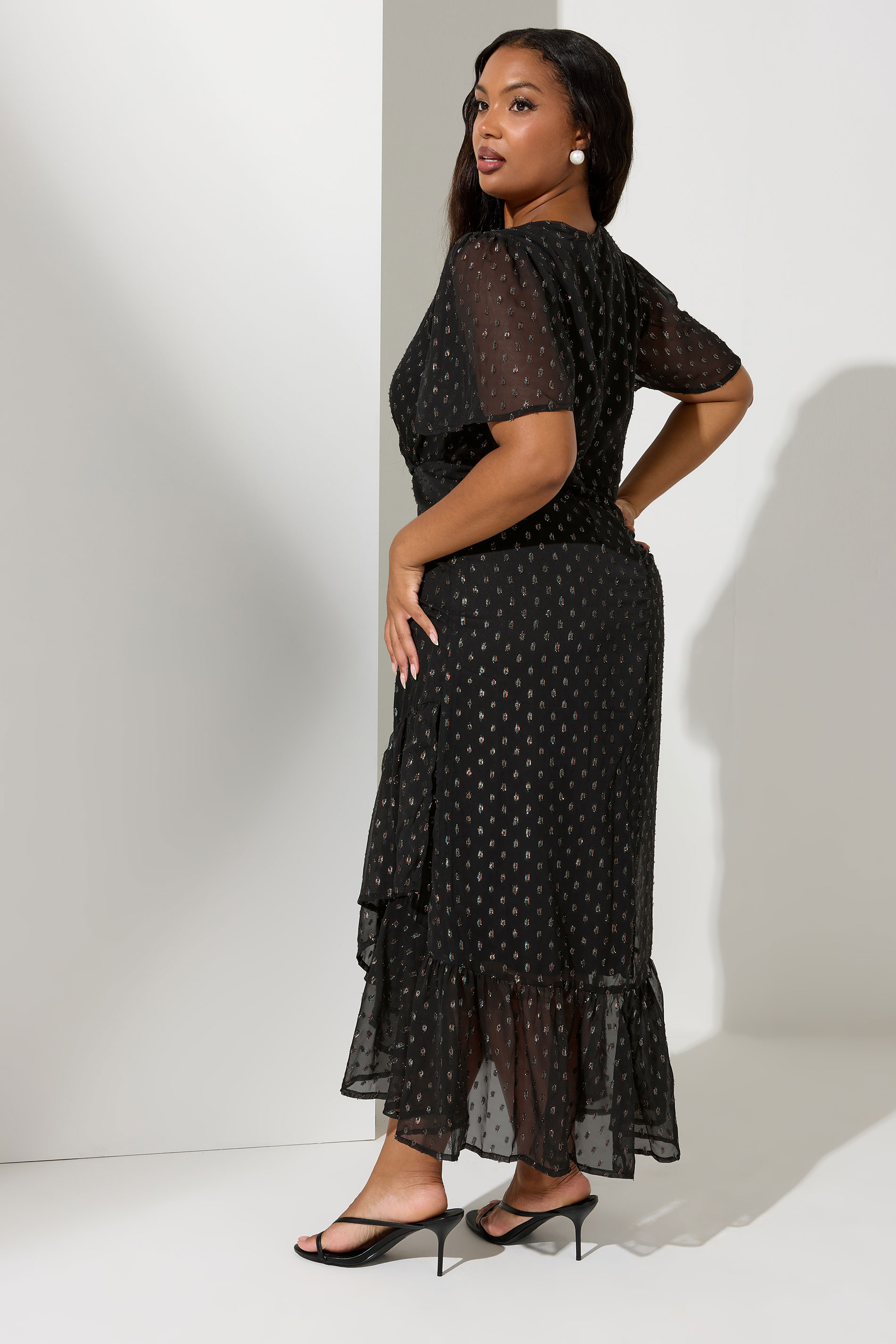 YOURS LONDON Plus Size Black Metallic Dobby Wrap Dress | Yours Clothing  2