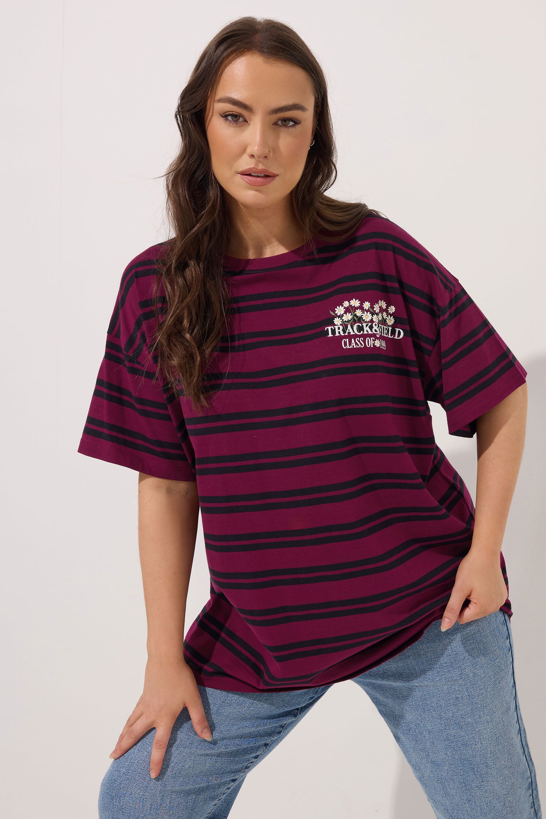 YOURS Plus Size Red Stripe Daisy Print T-Shirt | Yours Clothing 1