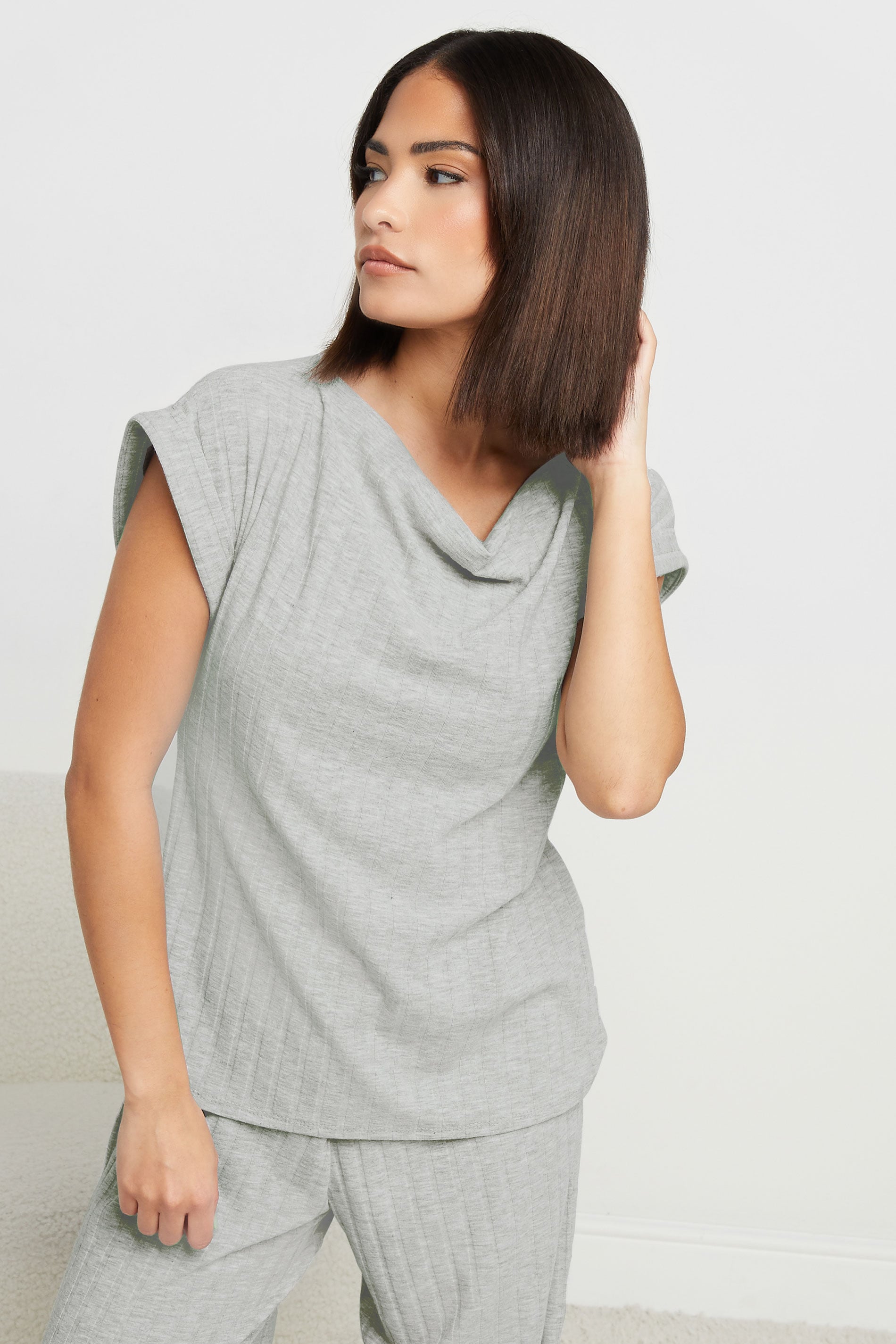 PixieGirl Petite Women's Grey Ribbed Cowl Neck Top | PixieGirl 3