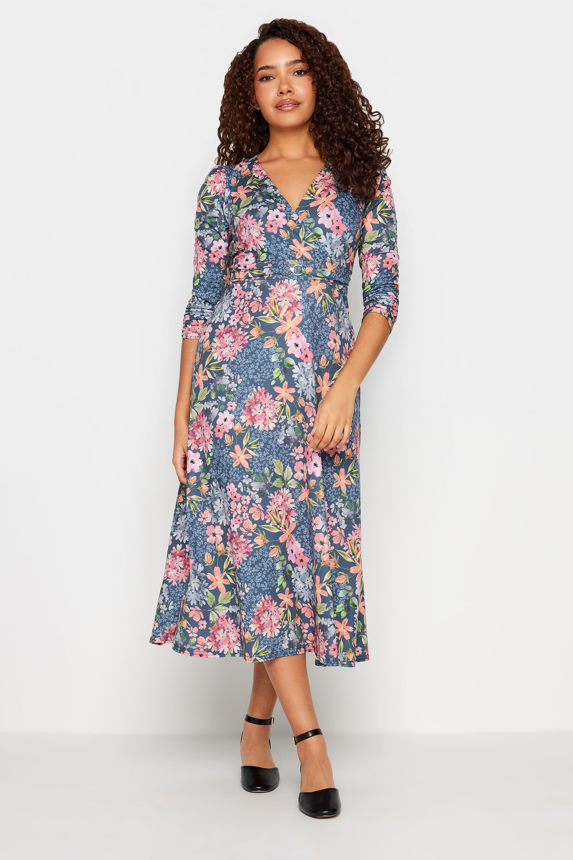 M&Co Blue Floral Print Belted Wrap Midi Dress | M&Co