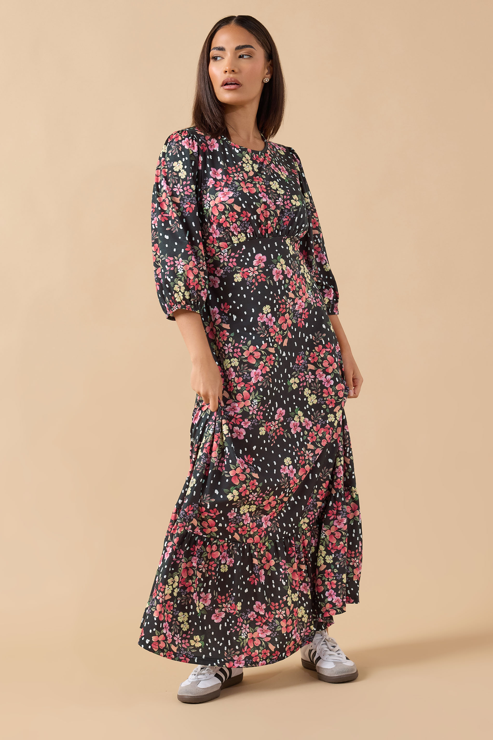 PixieGirl Petite Women's Black Spot & Floral Print Maxi Dress | PixieGirl 1
