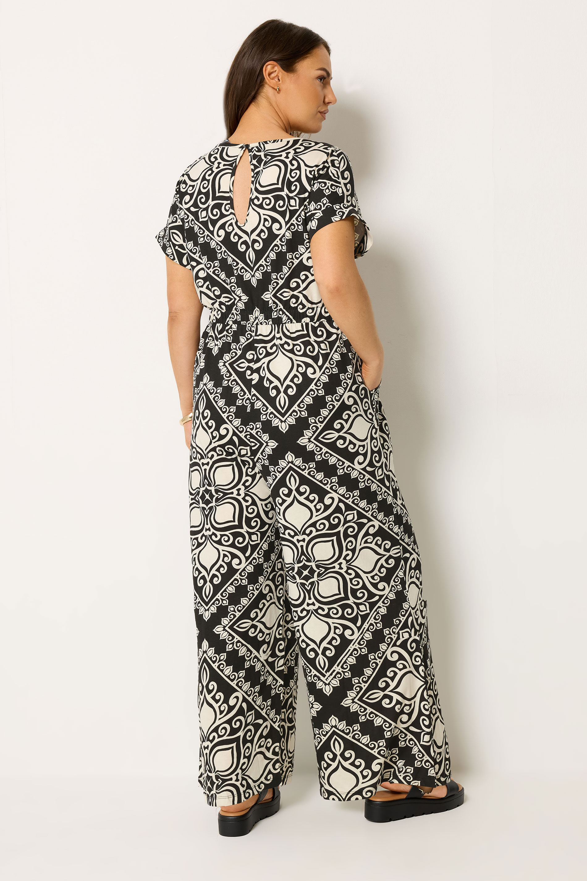 YOURS Plus Size Black & White Paisley Print Wide Leg Jumpsuit | Yours Clothing 2