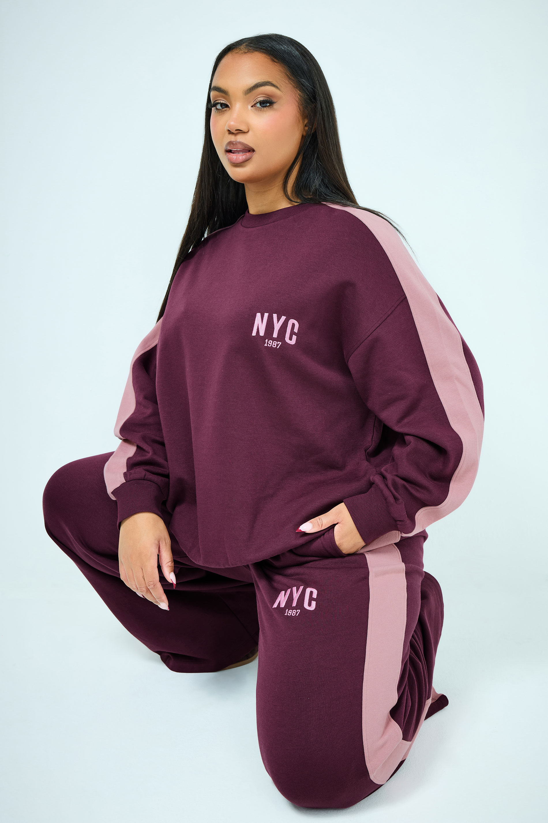YOURS Plus Size Burgundy Red 'NYC' Side Stripe Sweatshirt | Yours Clothing 3