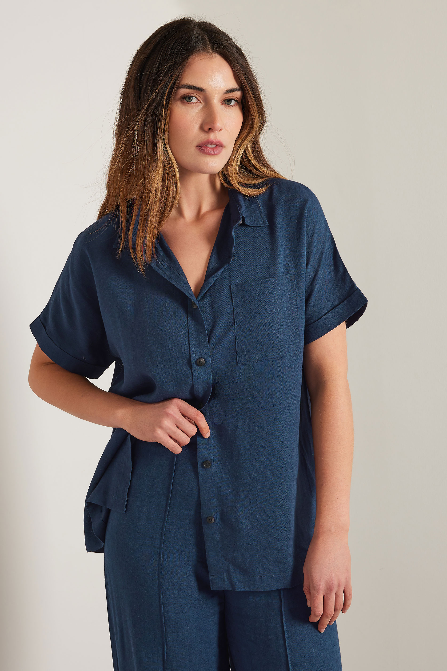LTS Tall Navy Blue Linen Oversized Short Sleeve Shirt | Long Tall Sally 2