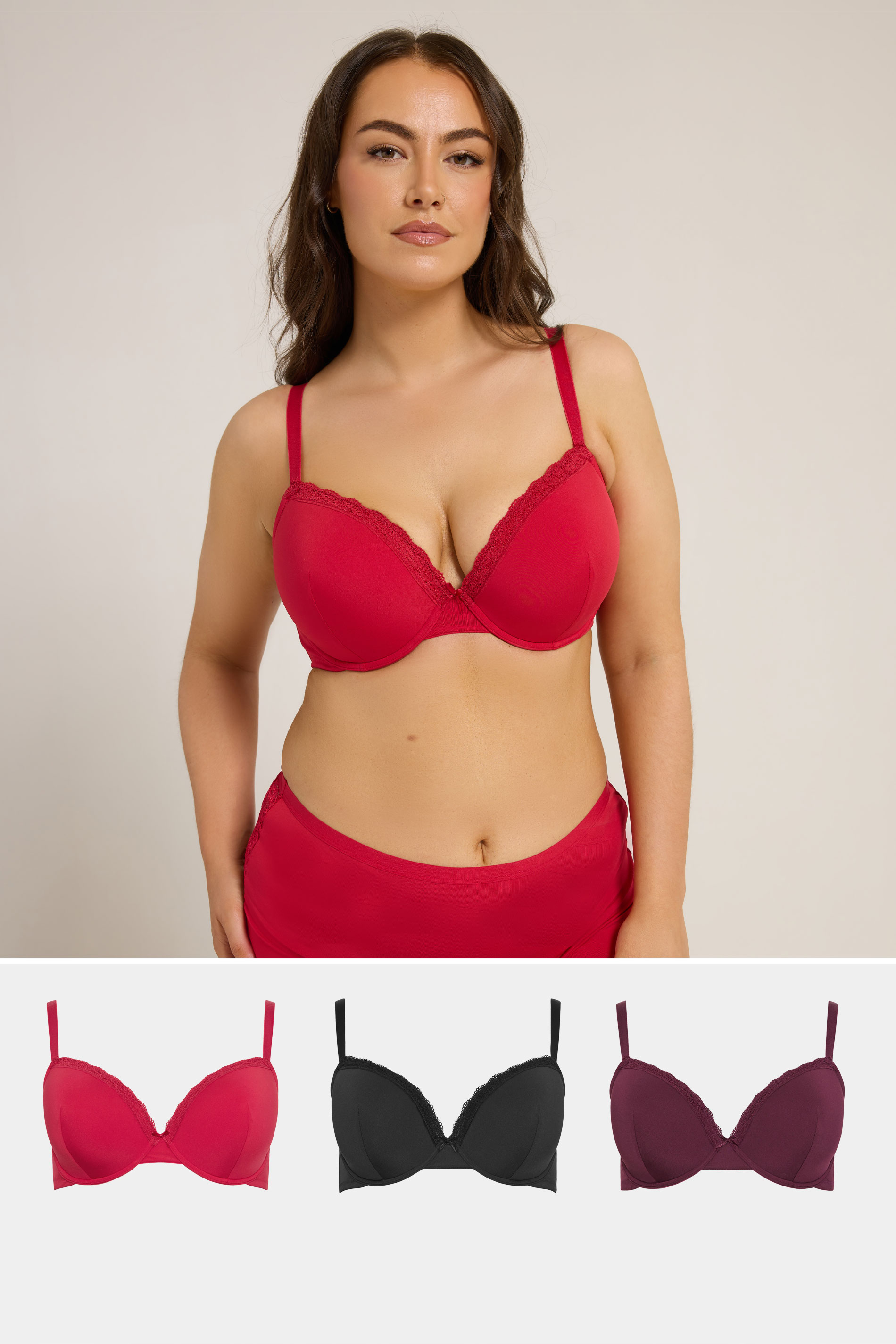 YOURSET 3 PACK Plus Size Red & Purple Lace Trim Padded Bras | Yours Clothing 1