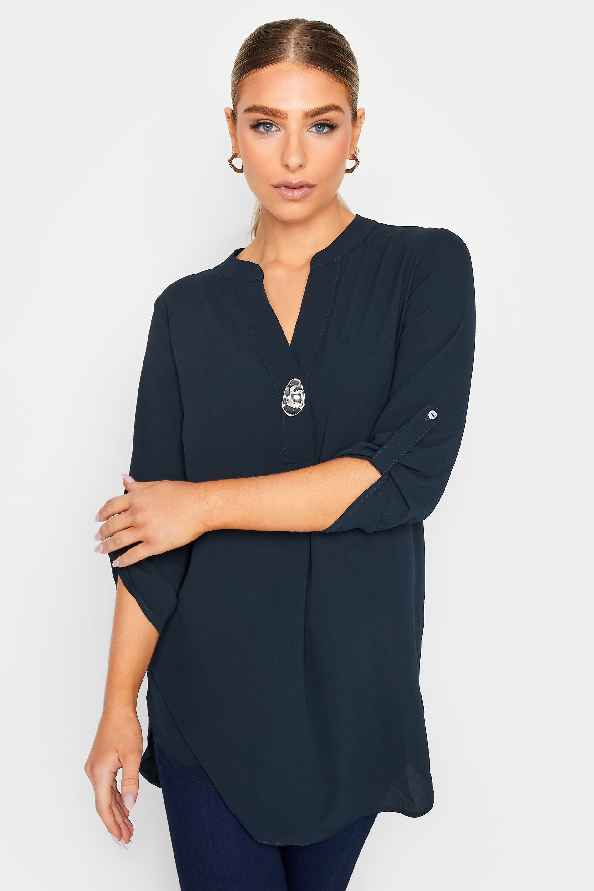 M&Co Dark Blue Long Sleeve Button Blouse | M&Co 1