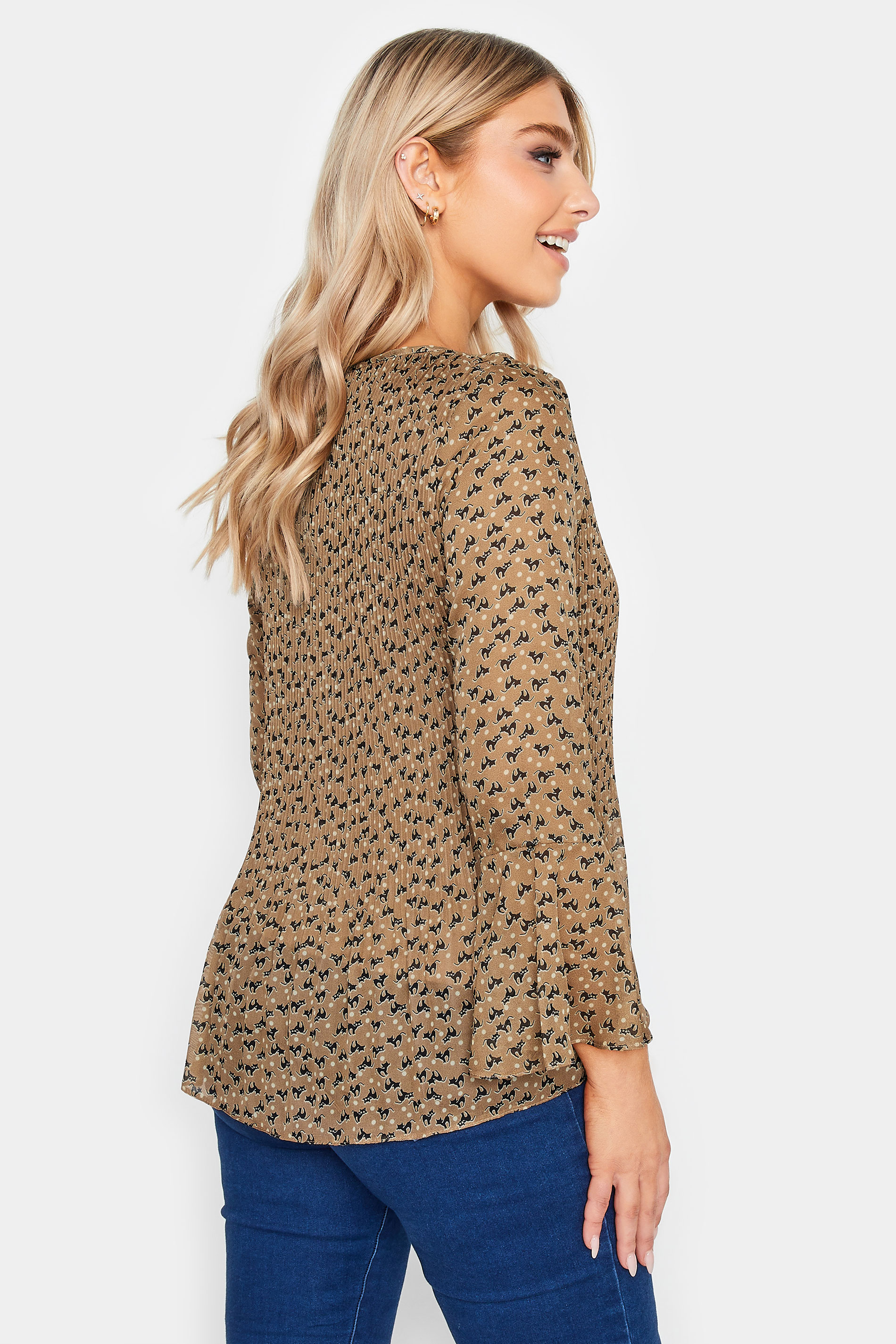 M&Co Brown Cat Print Pleated Blouse | M&Co 3