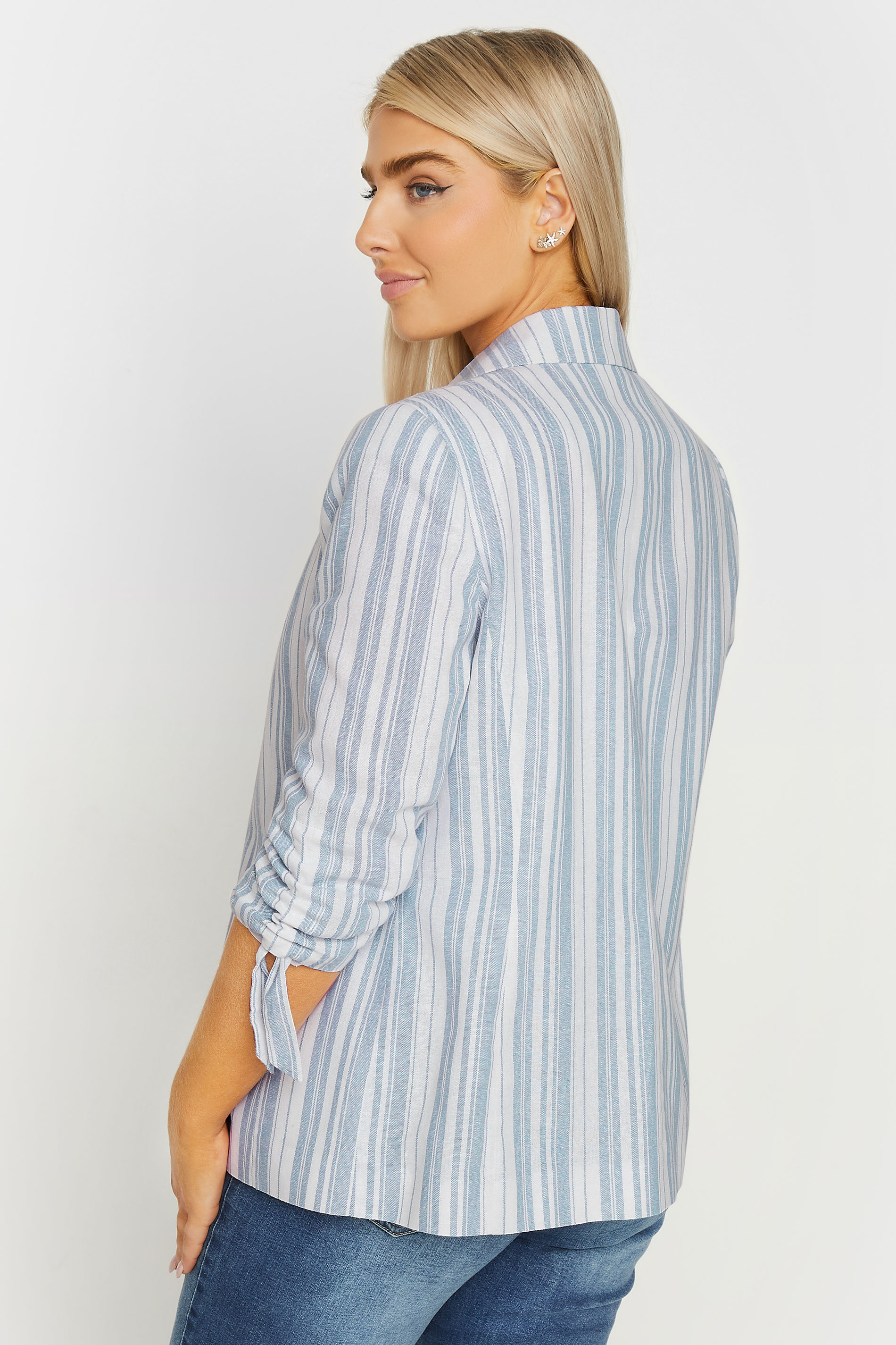 M&Co White & Blue Striped Ruched Sleeve Blazer | M&Co 3