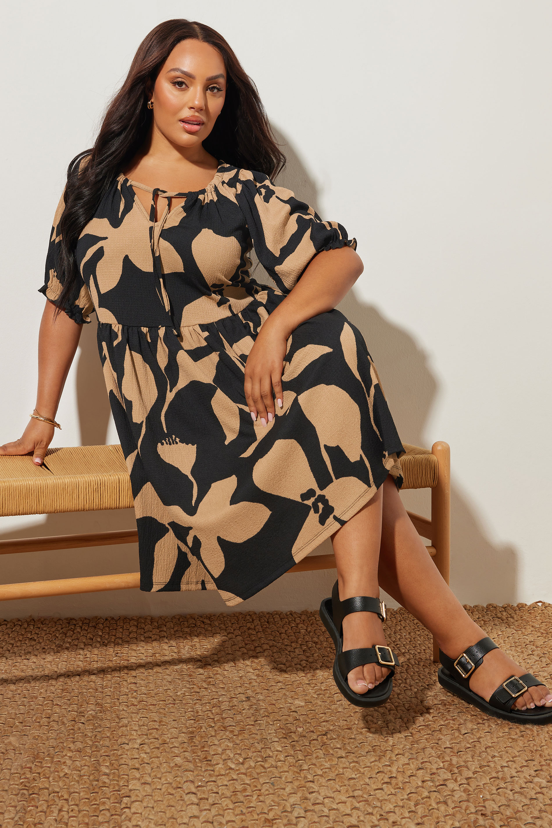 YOURS Plus Size Black Floral Tie Neck Mini Dress | Yours Clothing 1