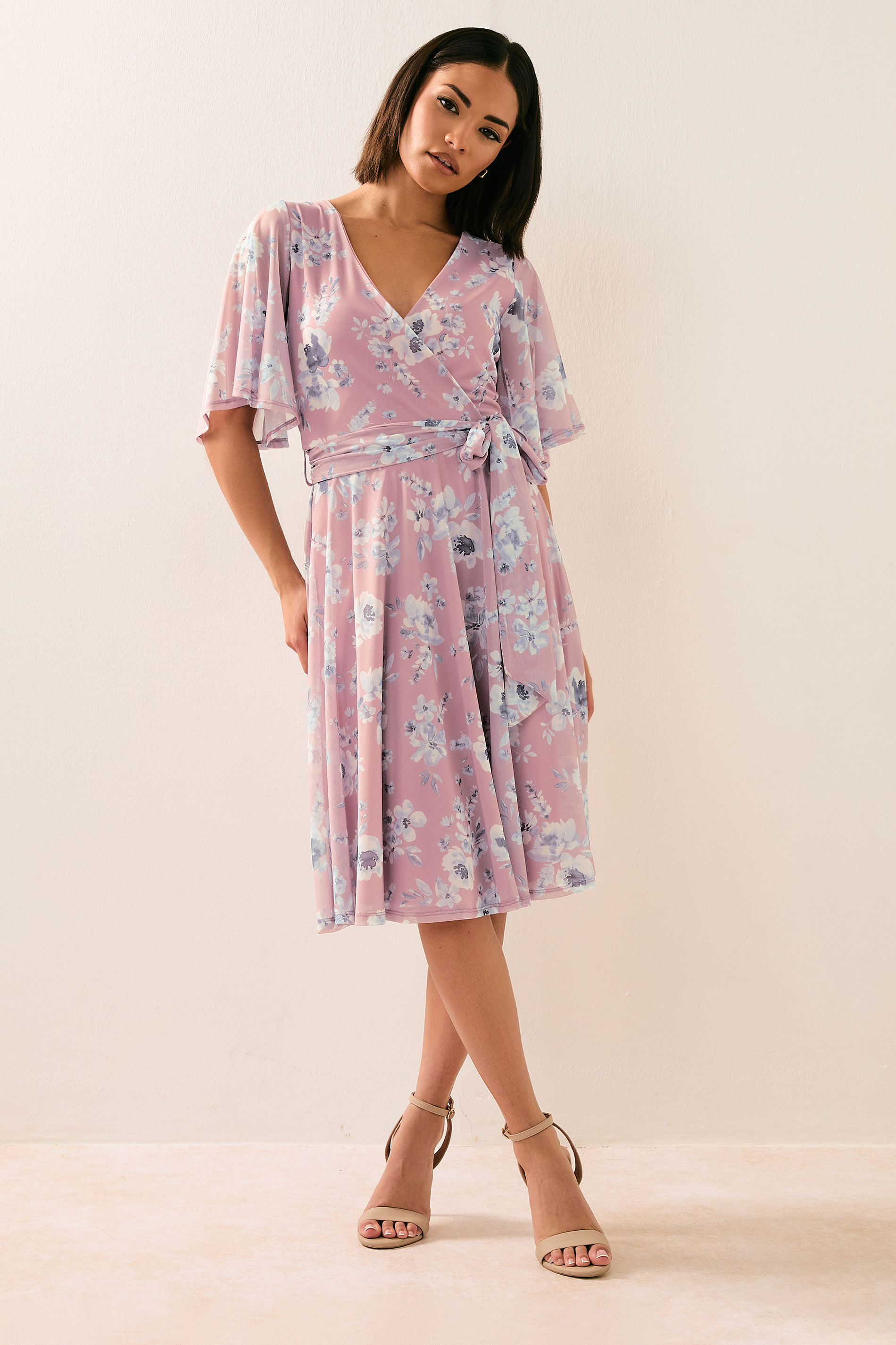 PixieGirl Petite Women's Blush Pink Mesh Floral Wrap Midi Dress | PixieGirl 3