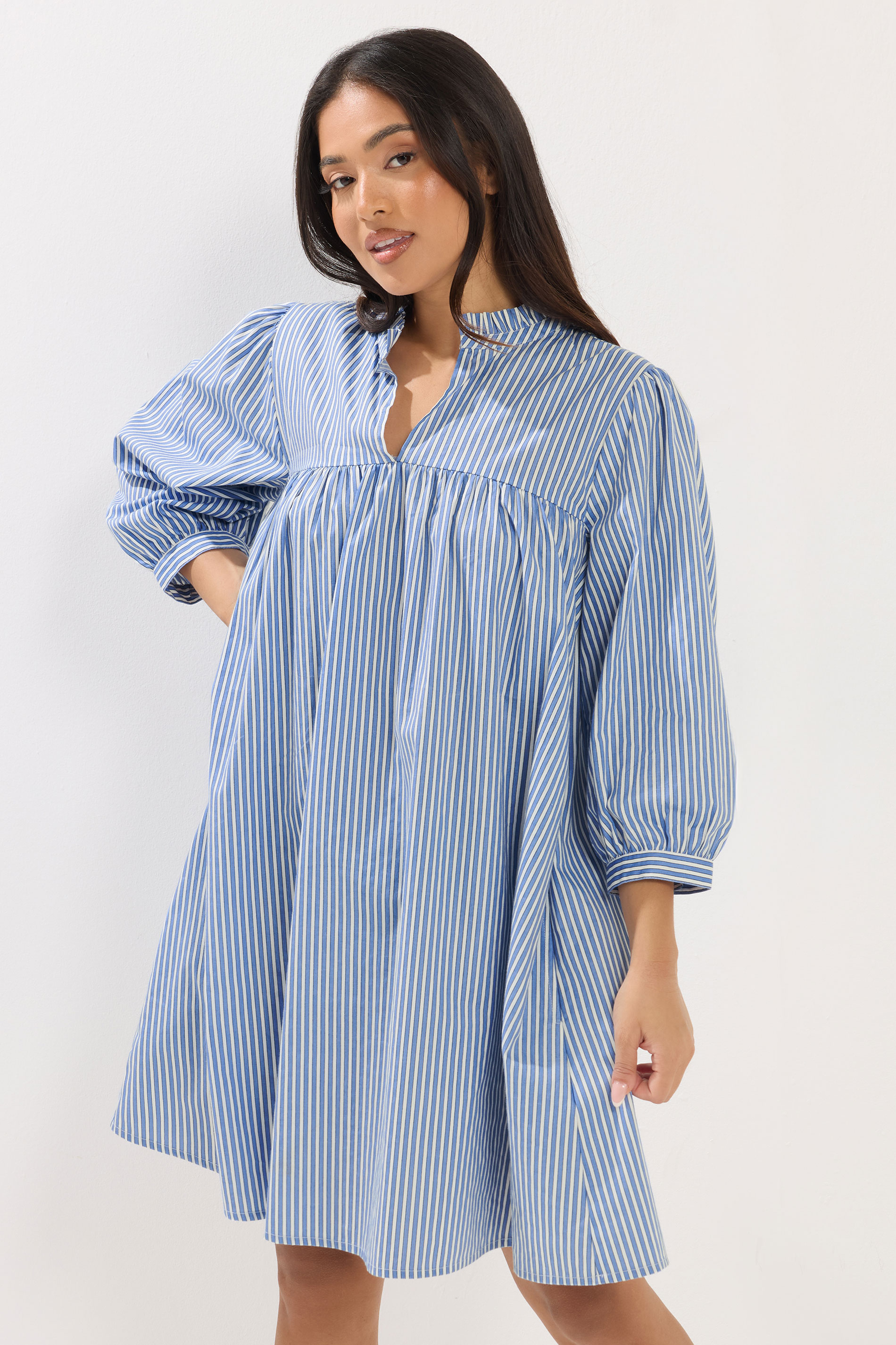 PixieGirl Petite Women's Blue Stripe Smock Cotton Dress | PixieGirl 1