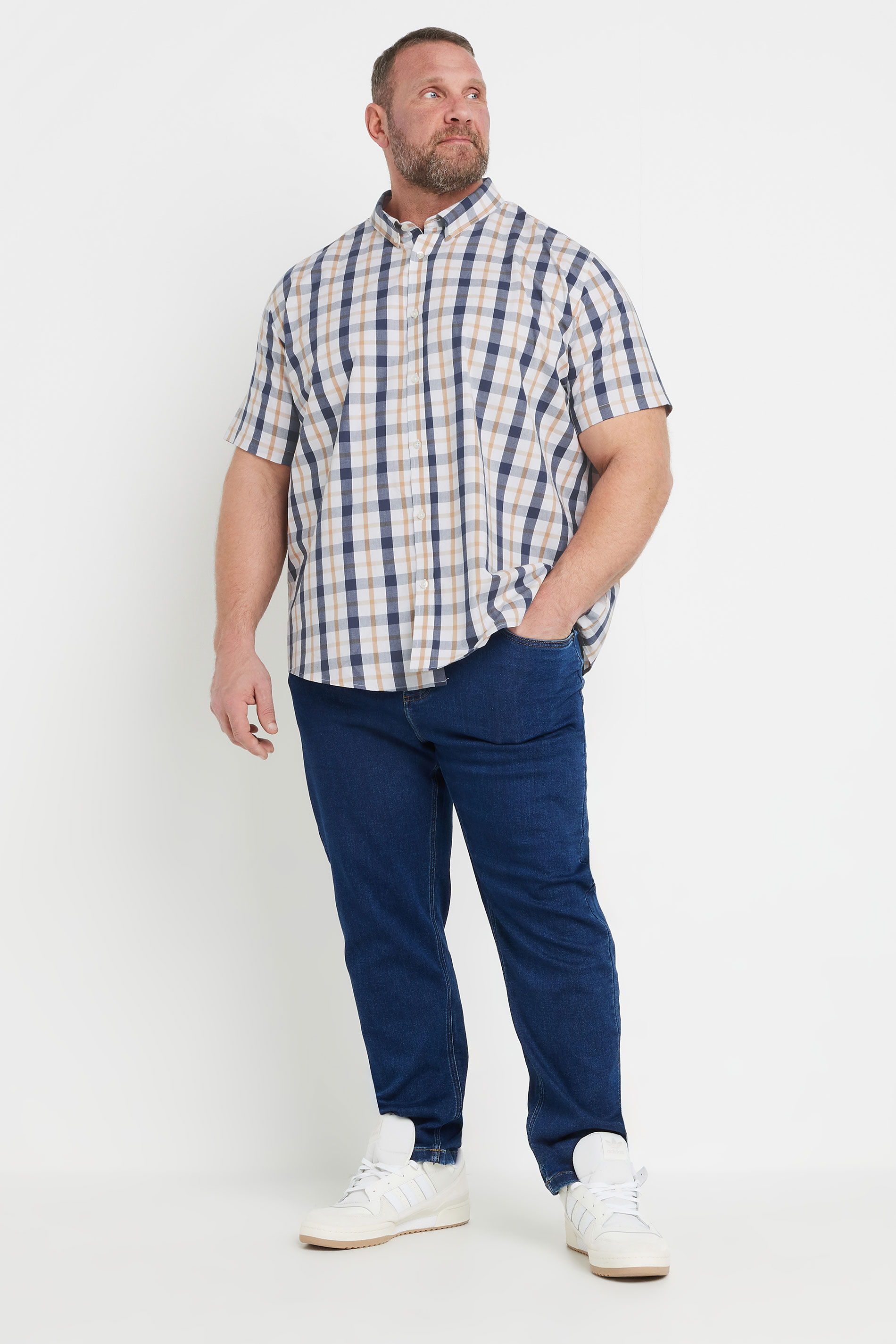 BadRhino Big & Tall Navy Blue & Tan Brown Short Sleeve Check Shirt | BadRhino 1