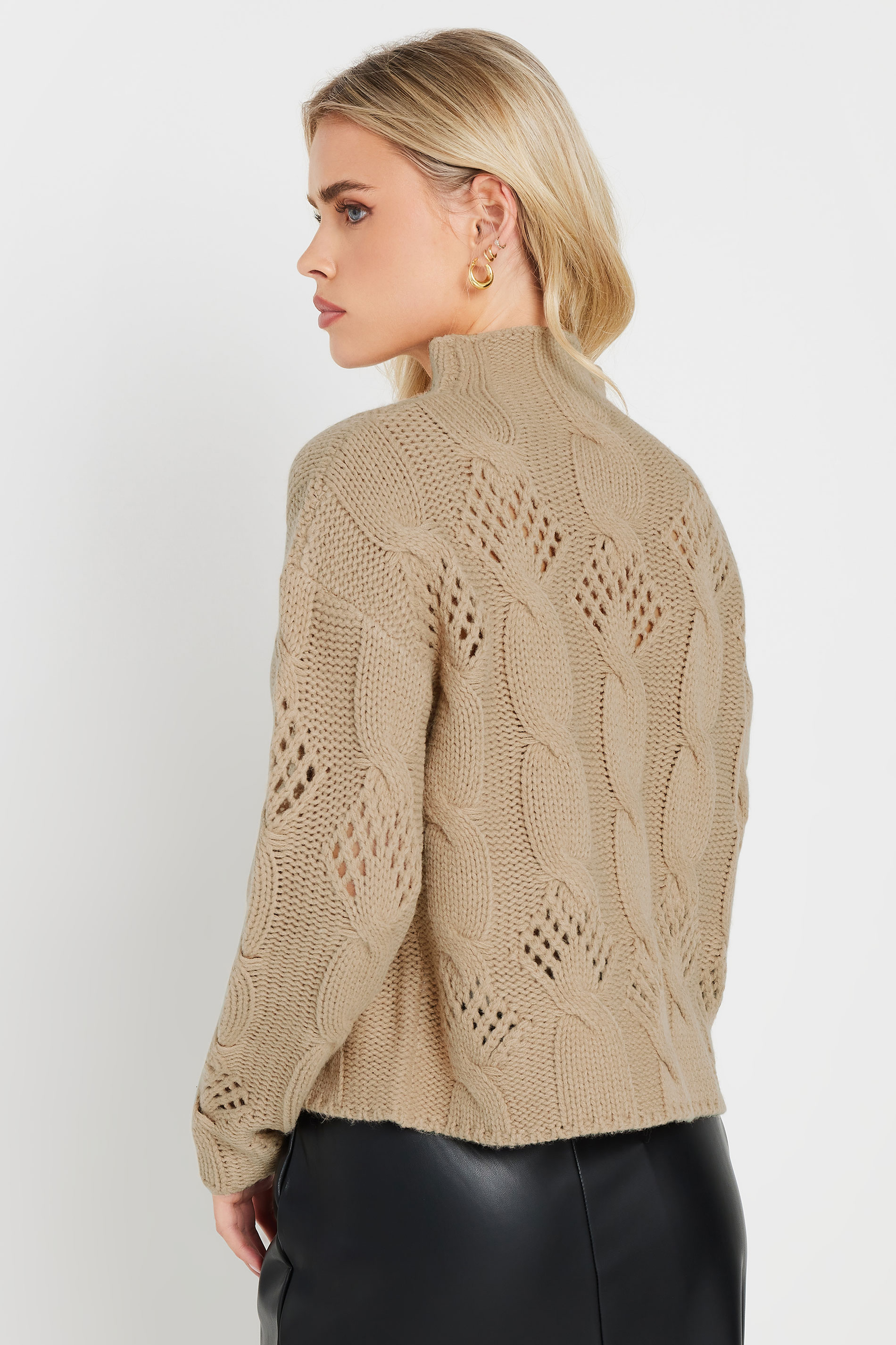 PixieGirl Petite Women's Beige Brown Cable Knit High Neck Jumper | PixieGirl 2