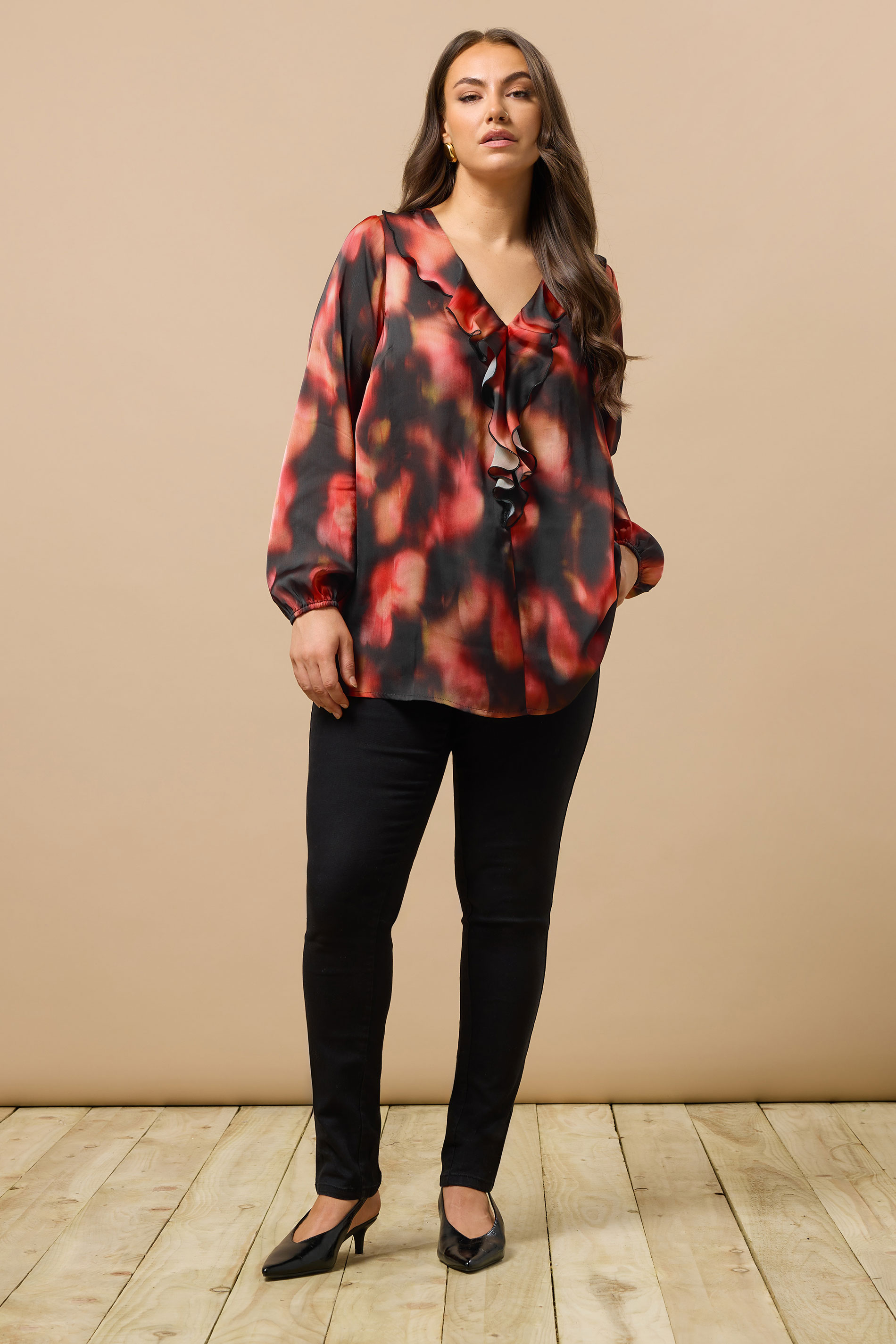 EVANS Plus Size Black Abstract Print Frill Detail Blouse | Evans 1