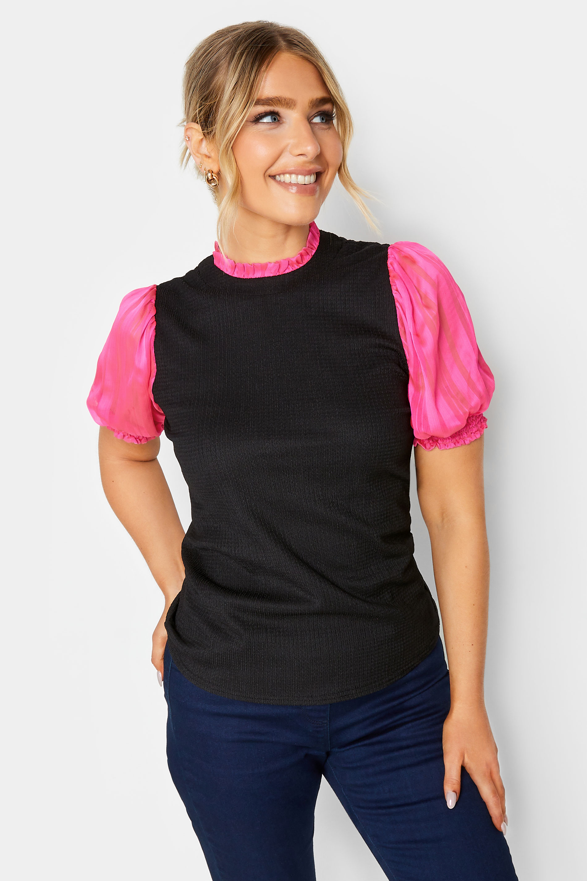 M&Co Black & Pink Contrast Sleeve Blouse | M&Co 1