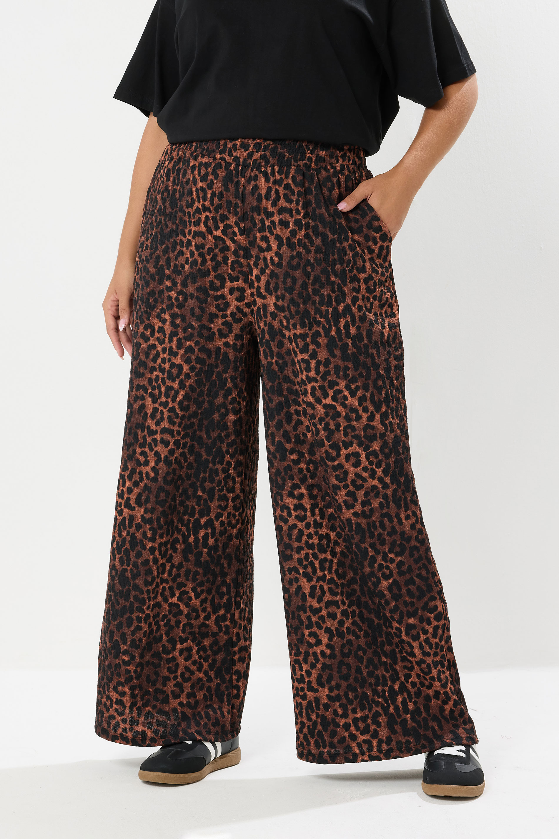 YOURS Plus Size Brown Leopard Print Crinkle Wide Leg Trousers | Yours Clothing 3
