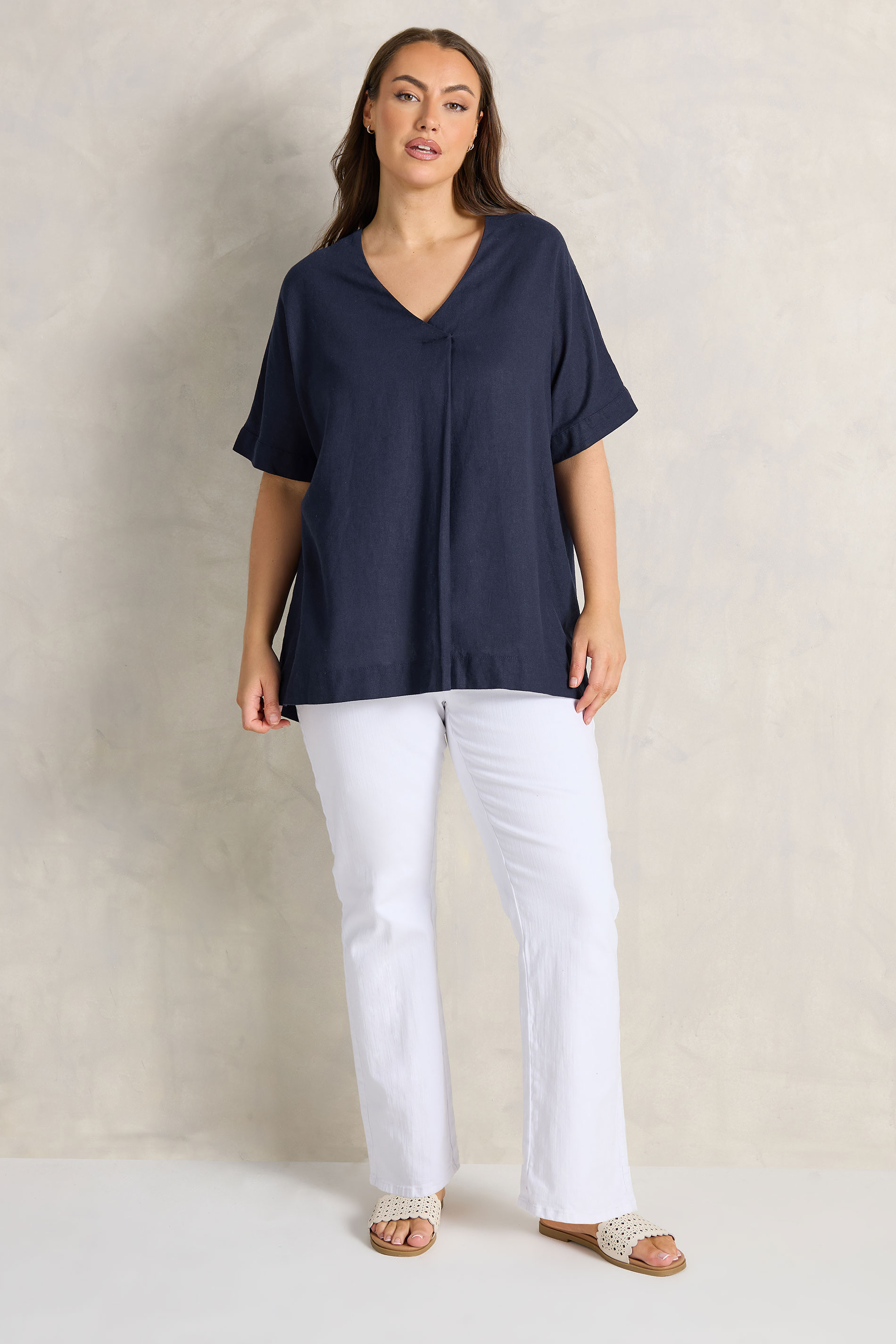 EVANS Plus Size Navy Blue Premium Linen Front Pleat Top | Evans  2
