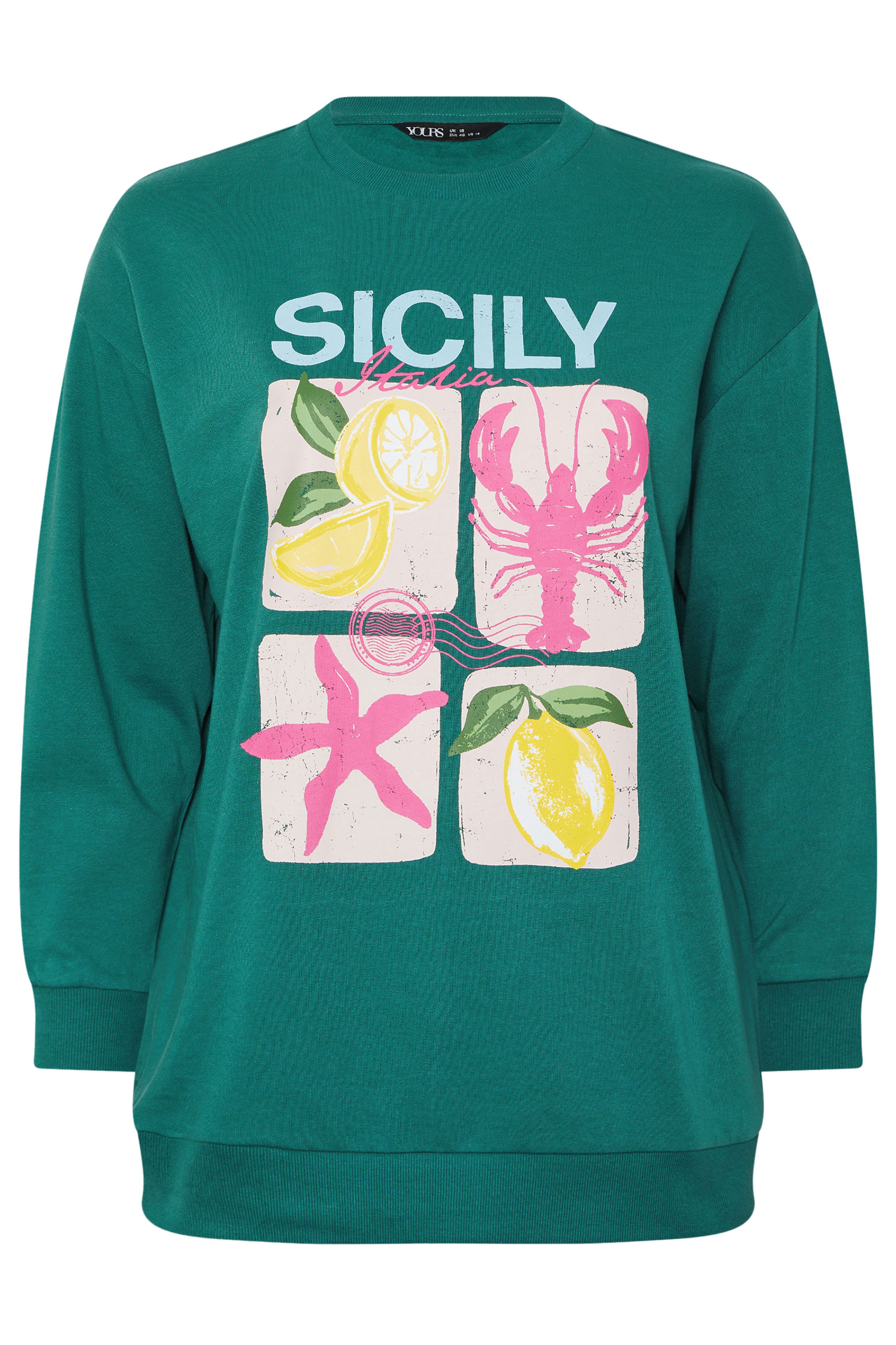 YOURS Plus Size Teal Green 'Sicily' Slogan Sweatshirt | Yours Clothing 5