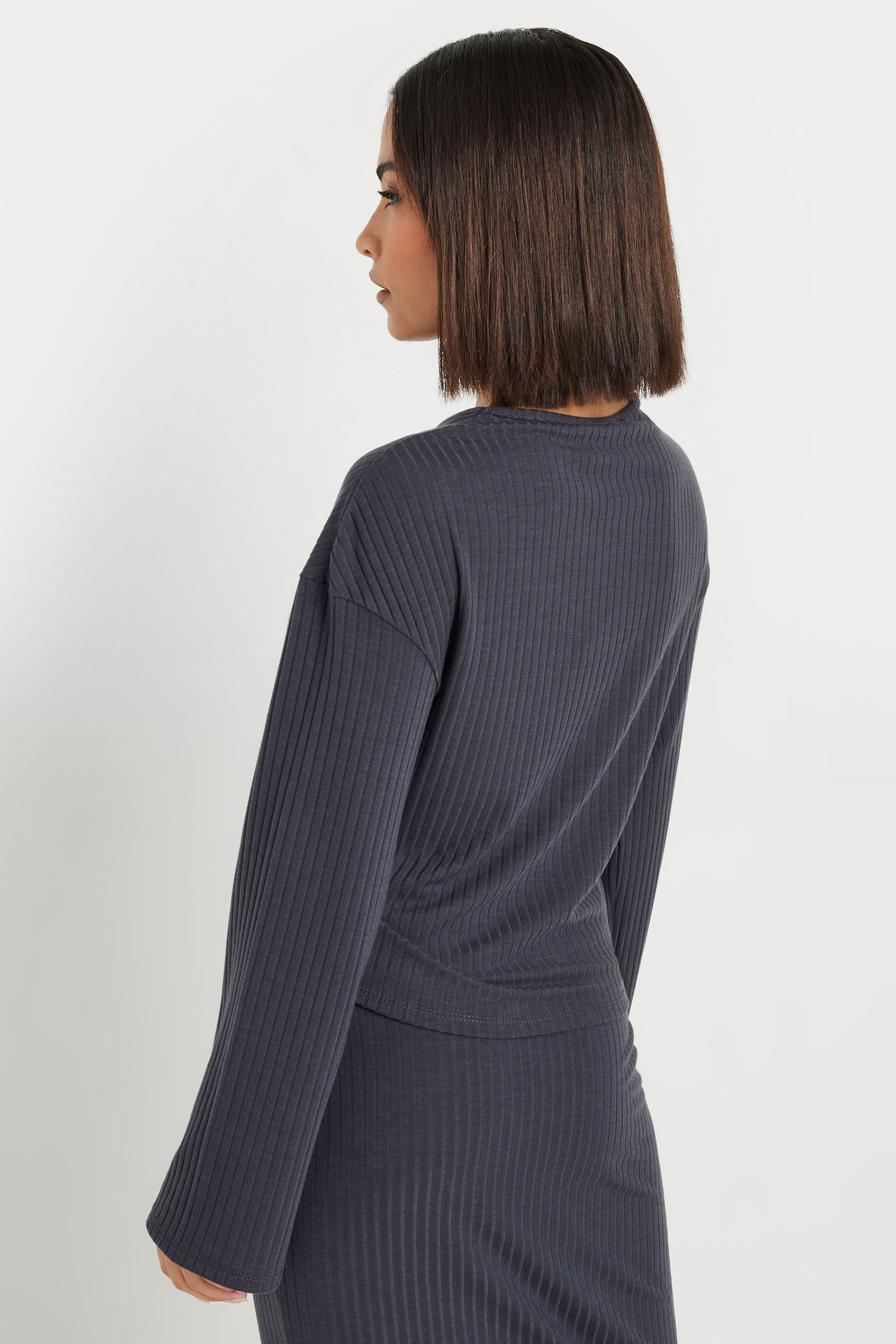 PixieGirl Petite Women's Grey Cross Over Long Sleeve Ribbed Top | PixieGirl 2