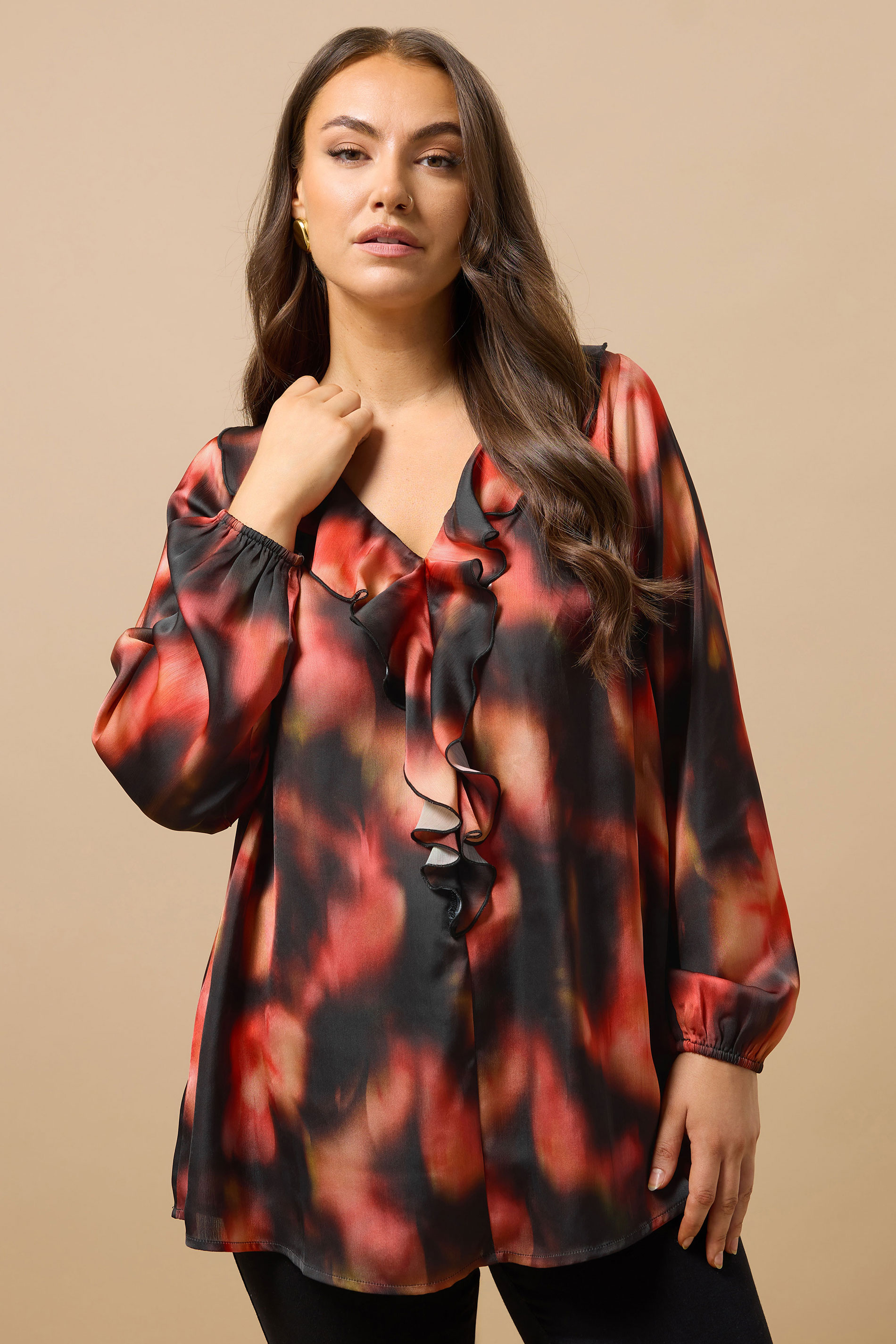 EVANS Plus Size Black Abstract Print Frill Detail Blouse | Evans 3