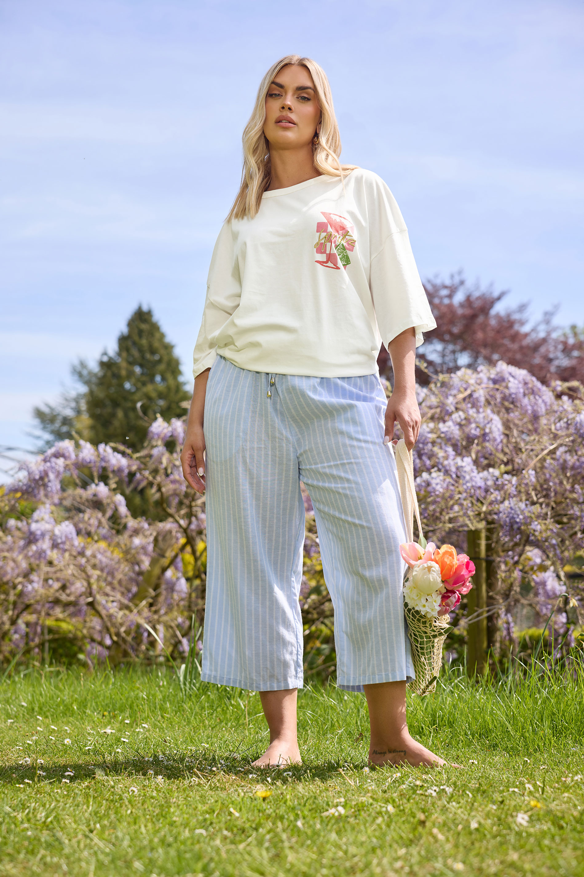 YOURS Plus Size Light Blue Stripe Linen Cropped Trousers | Yours Clothing 1