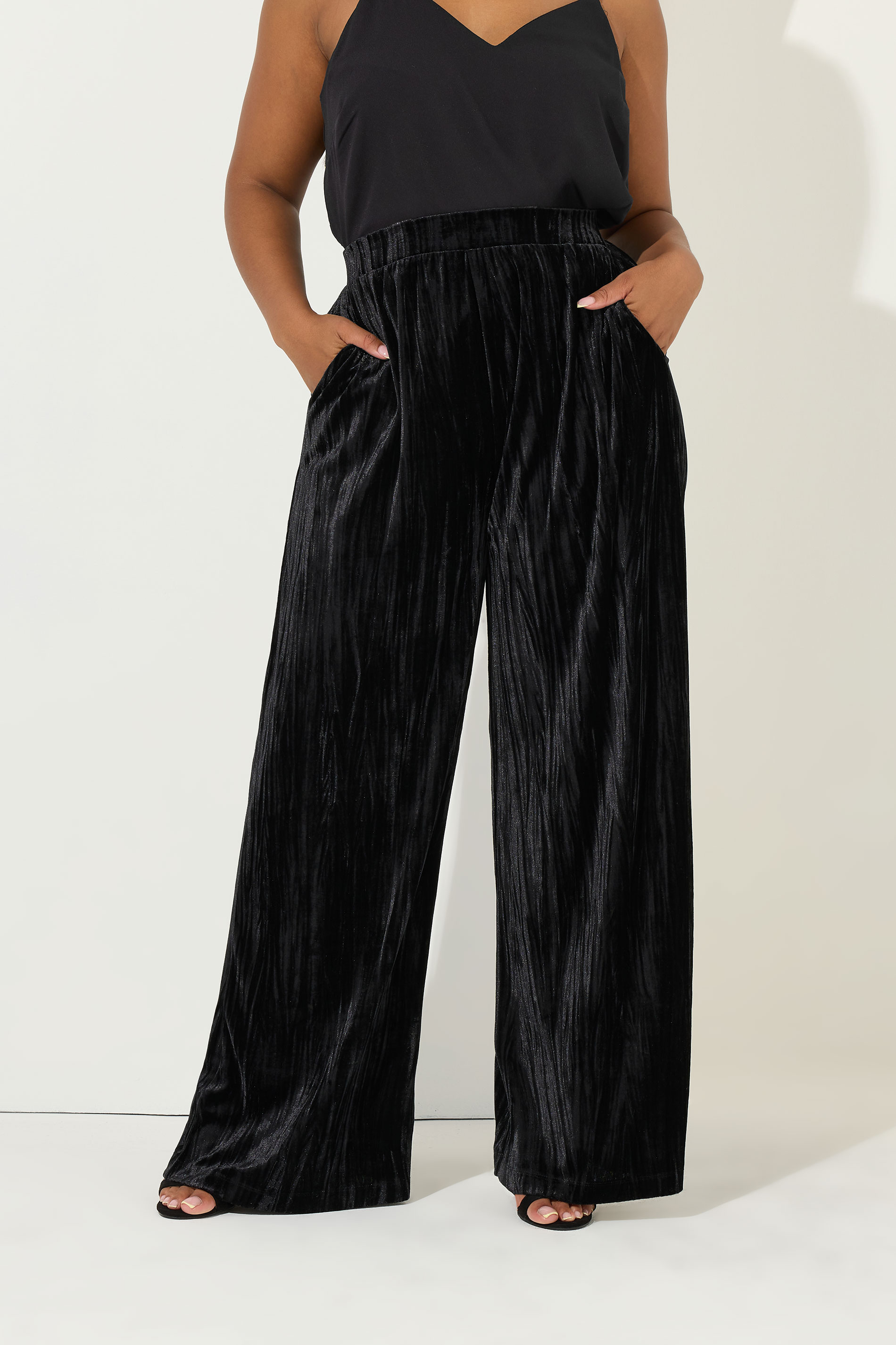YOURS Plus Size Black Crushed Velour Wide Leg Trousers | Yours Clothing 3