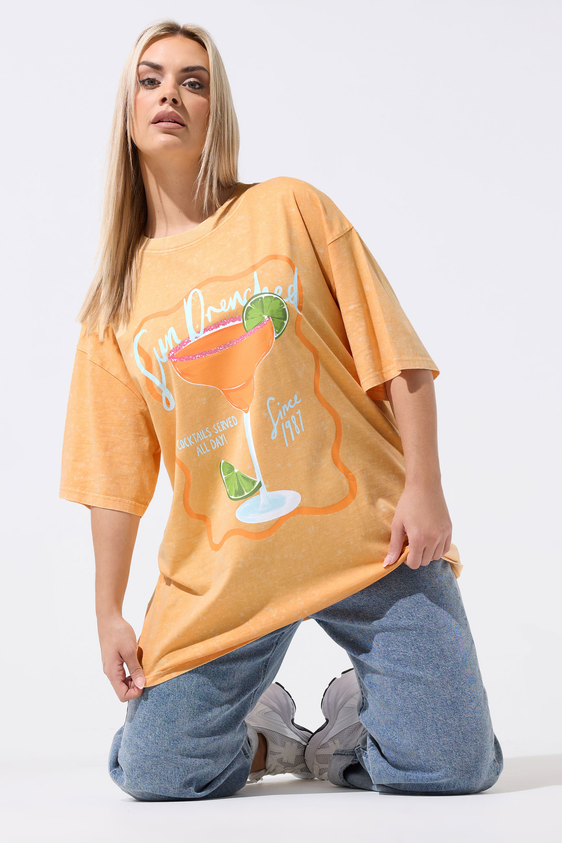 LIMITED COLLECTION Plus Size Orange Longline 'Sun Drenched' Acid Wash T-Shirt | Yours Clothing 3