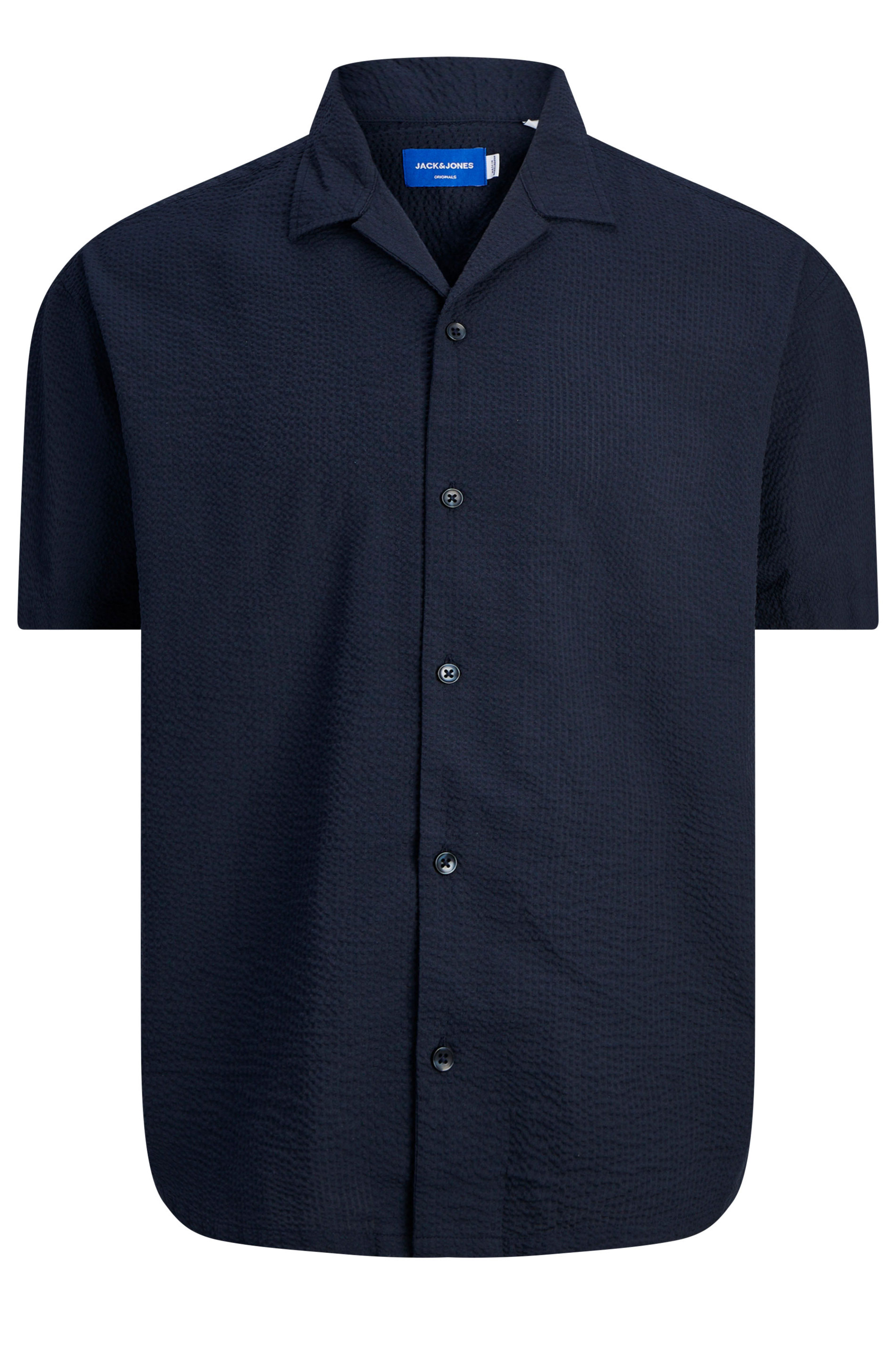 JACK & JONES Big & Tall Dark Blue Stripe Revere Collar Seersucker Shirt | BadRhino 1