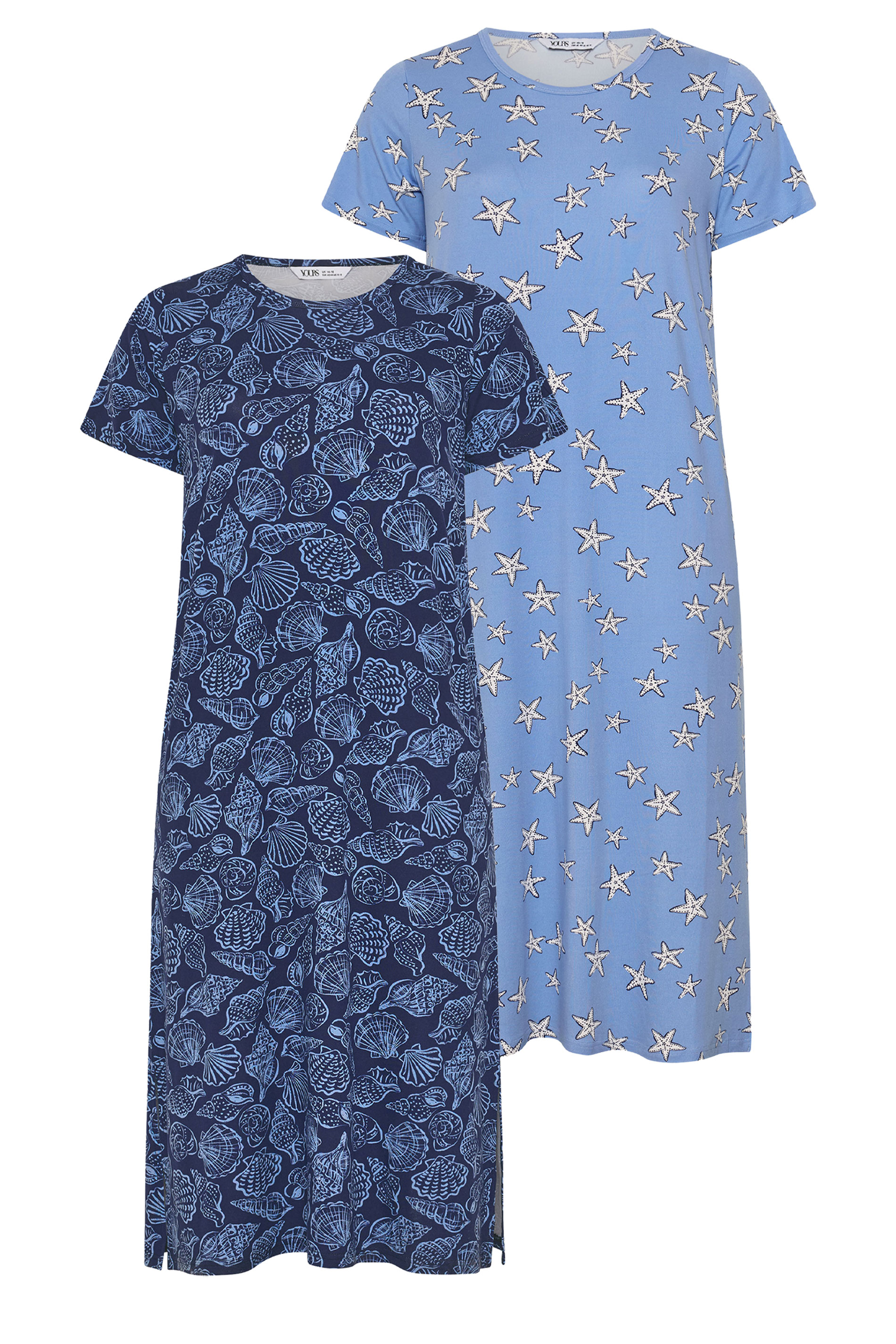 YOURSET Plus Size 2 PACK Blue Star & Shell Print Midaxi Nightdresses | Yours Clothing 7