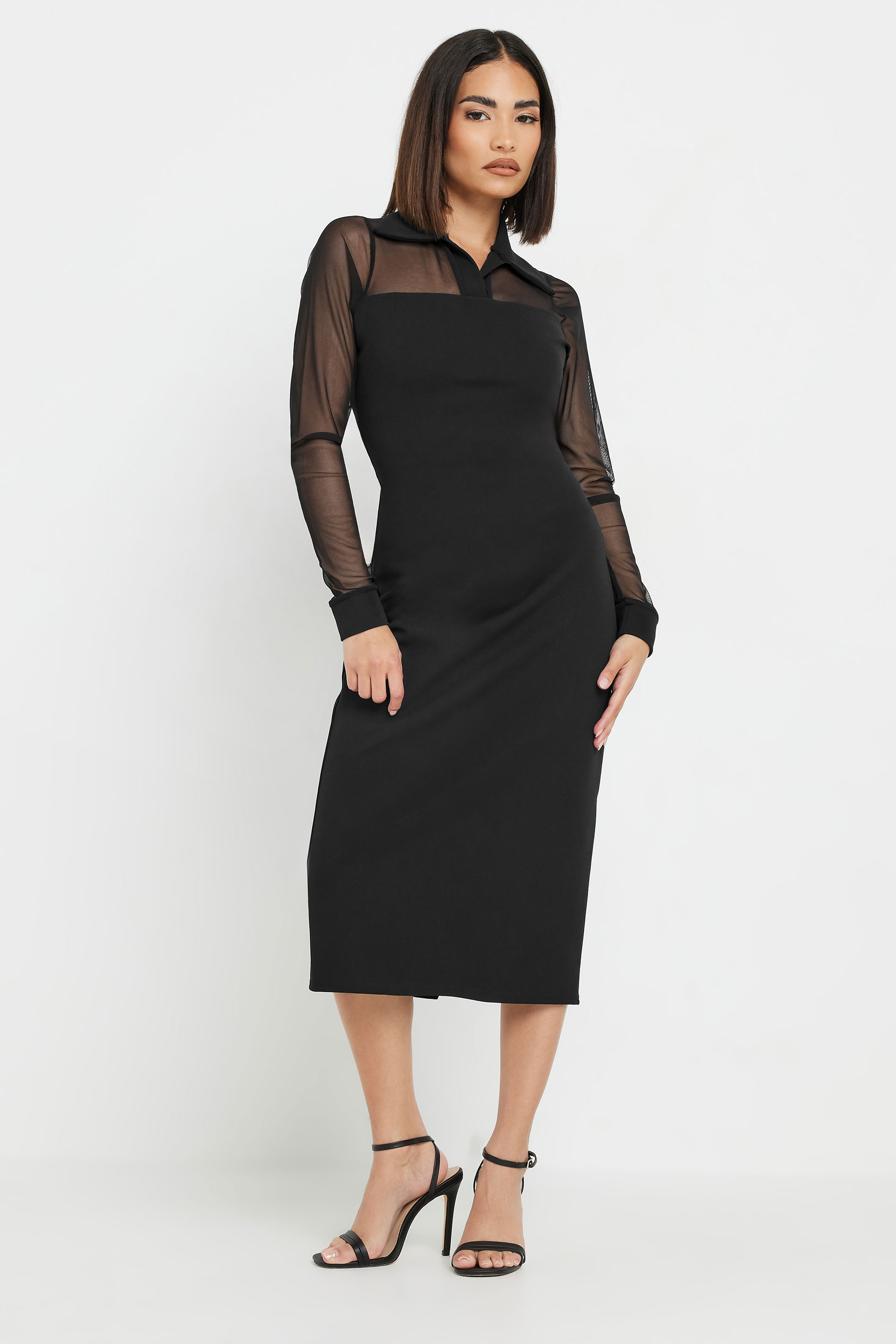 PixieGirl Petite Women's Black Mesh Collared Midi Dress | PixieGirl 3