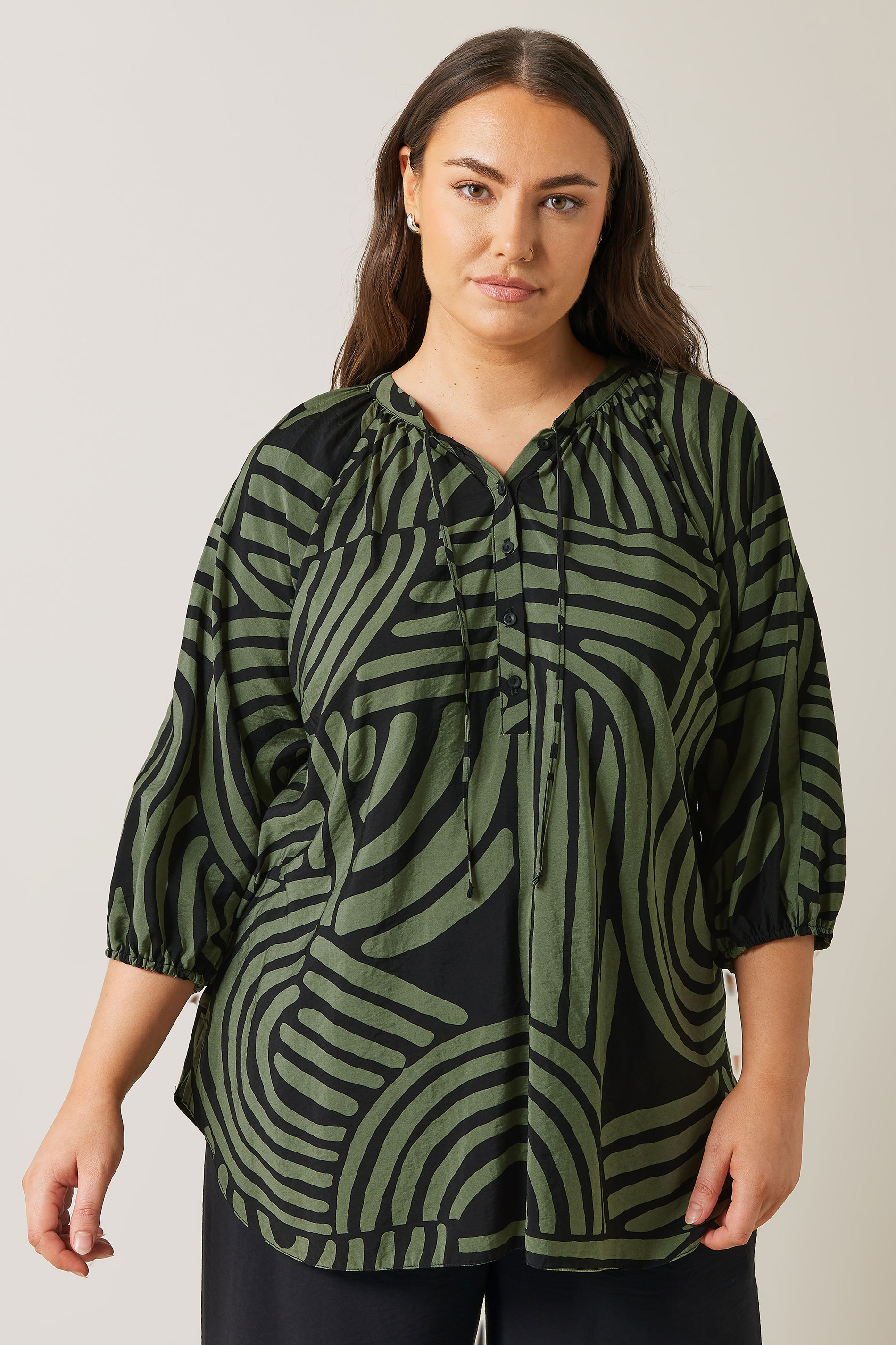 EVANS Plus Size Khaki Green Abstract Print Tie Neck Blouse | Evans 3