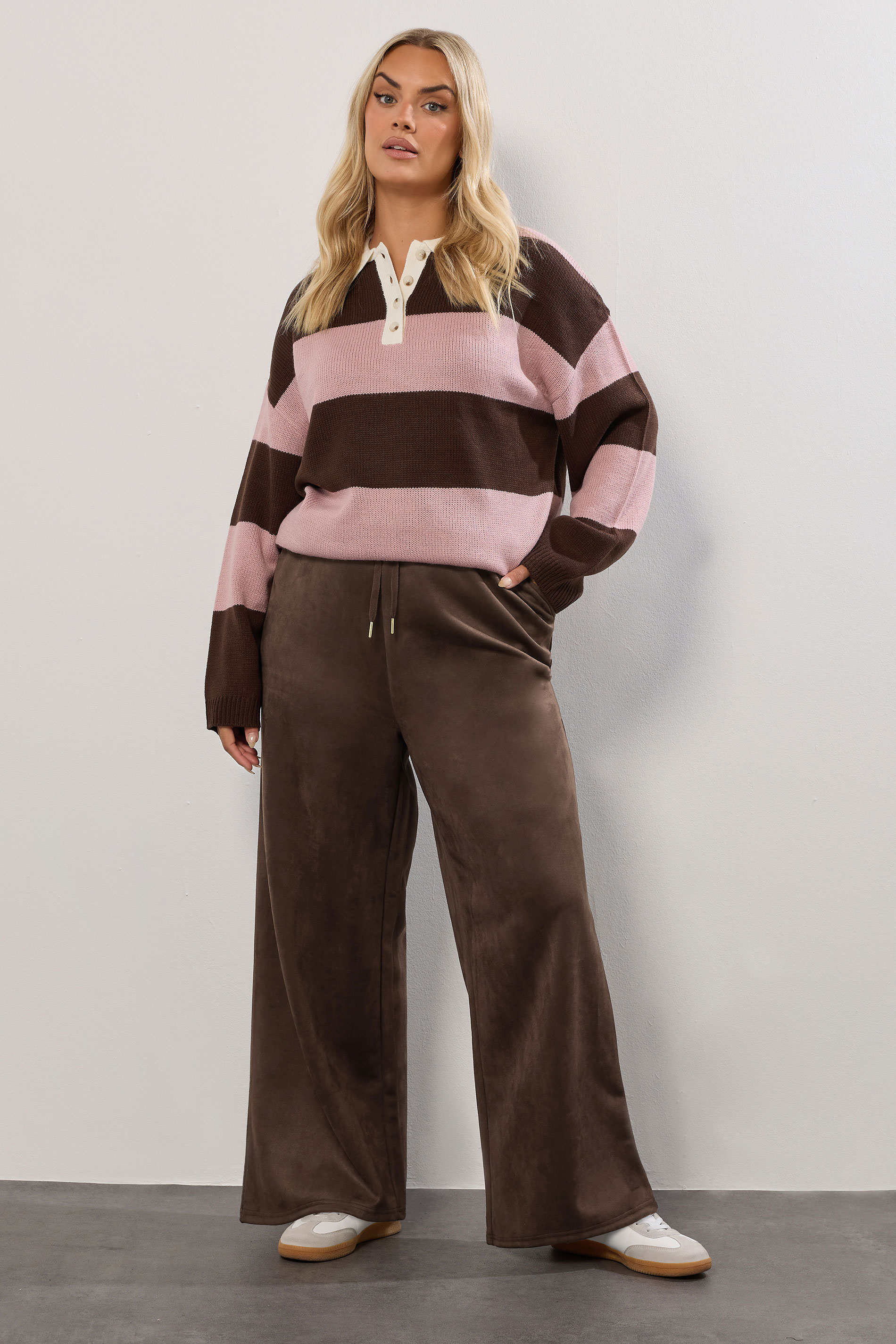 YOURS Plus Size Chocolate Brown Faux Suede Wide Leg Trousers | Yours Clothing 1