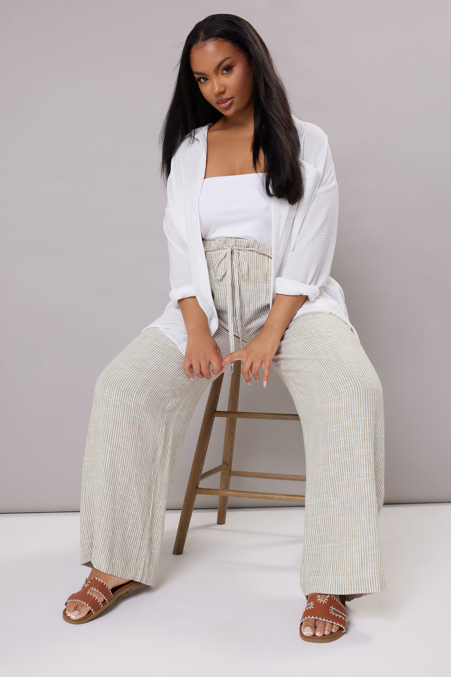 YOURS Plus Size White Striped Linen Tie Front Trousers | Yours Clothing 1