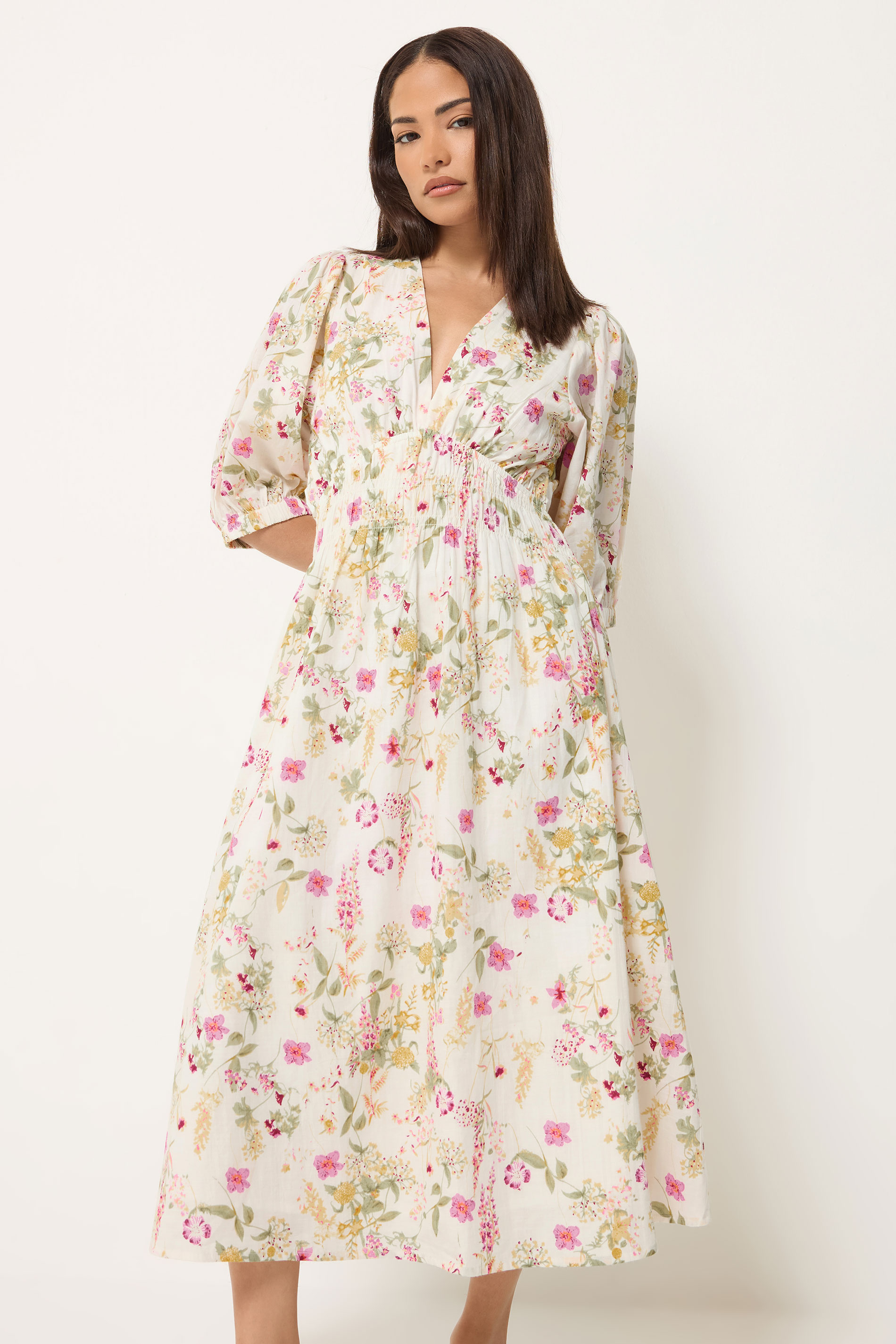 PixieGirl Petite Women's Pink Floral Midi Tea Dress | PixieGirl 3