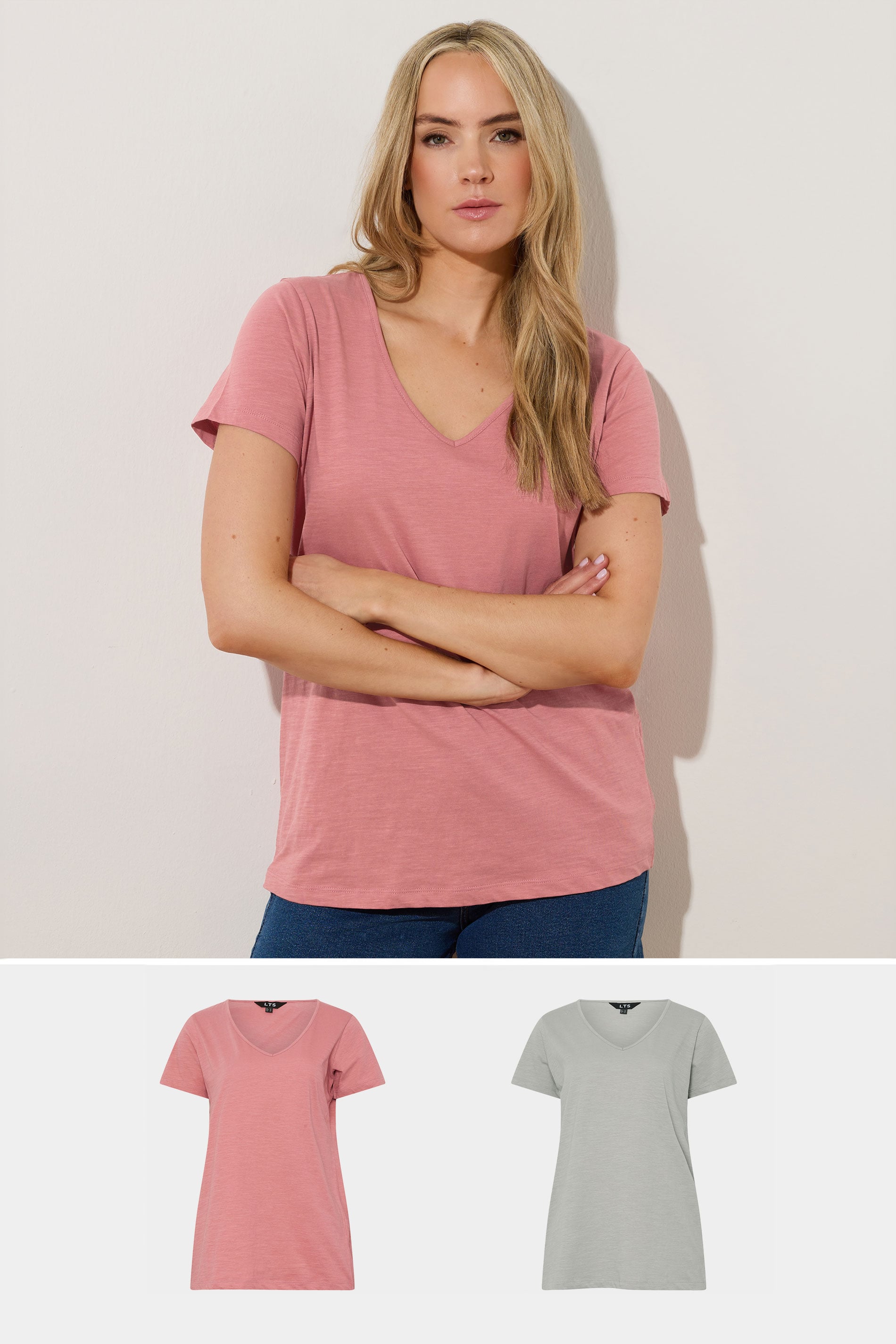 LTS Tall 2 Pack Pink & Grey Cotton V-Neck T-Shirts | Long Tall Sally  3