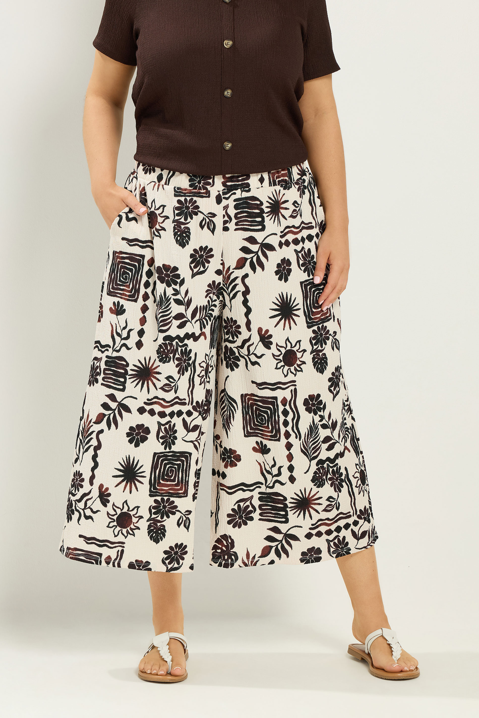 YOURS Plus Size Natural Brown Sun Print Culottes | Yours Clothing 3