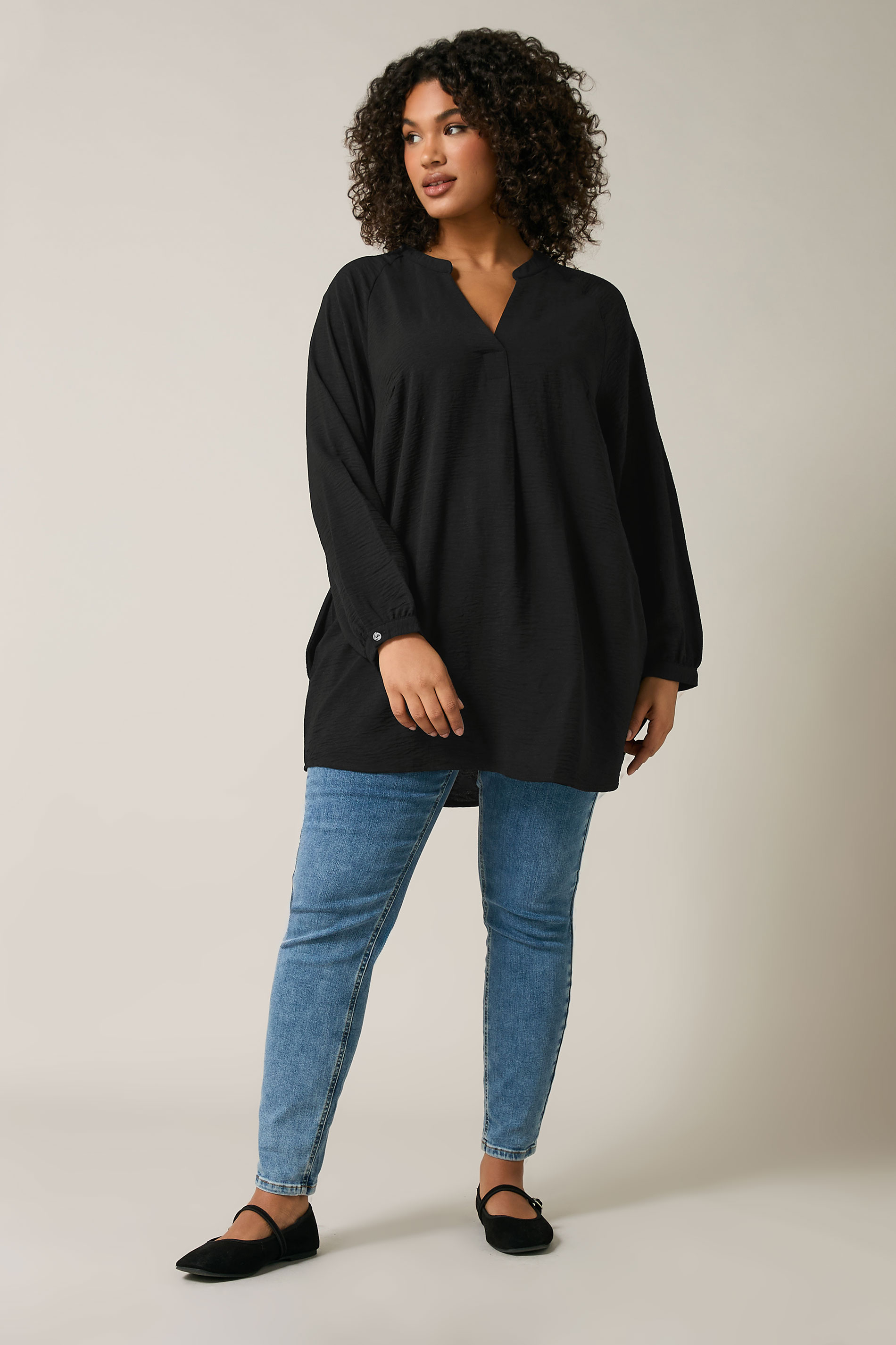 EVANS Plus Size Black Notch Neck Long Sleeve Blouse | Evans 1