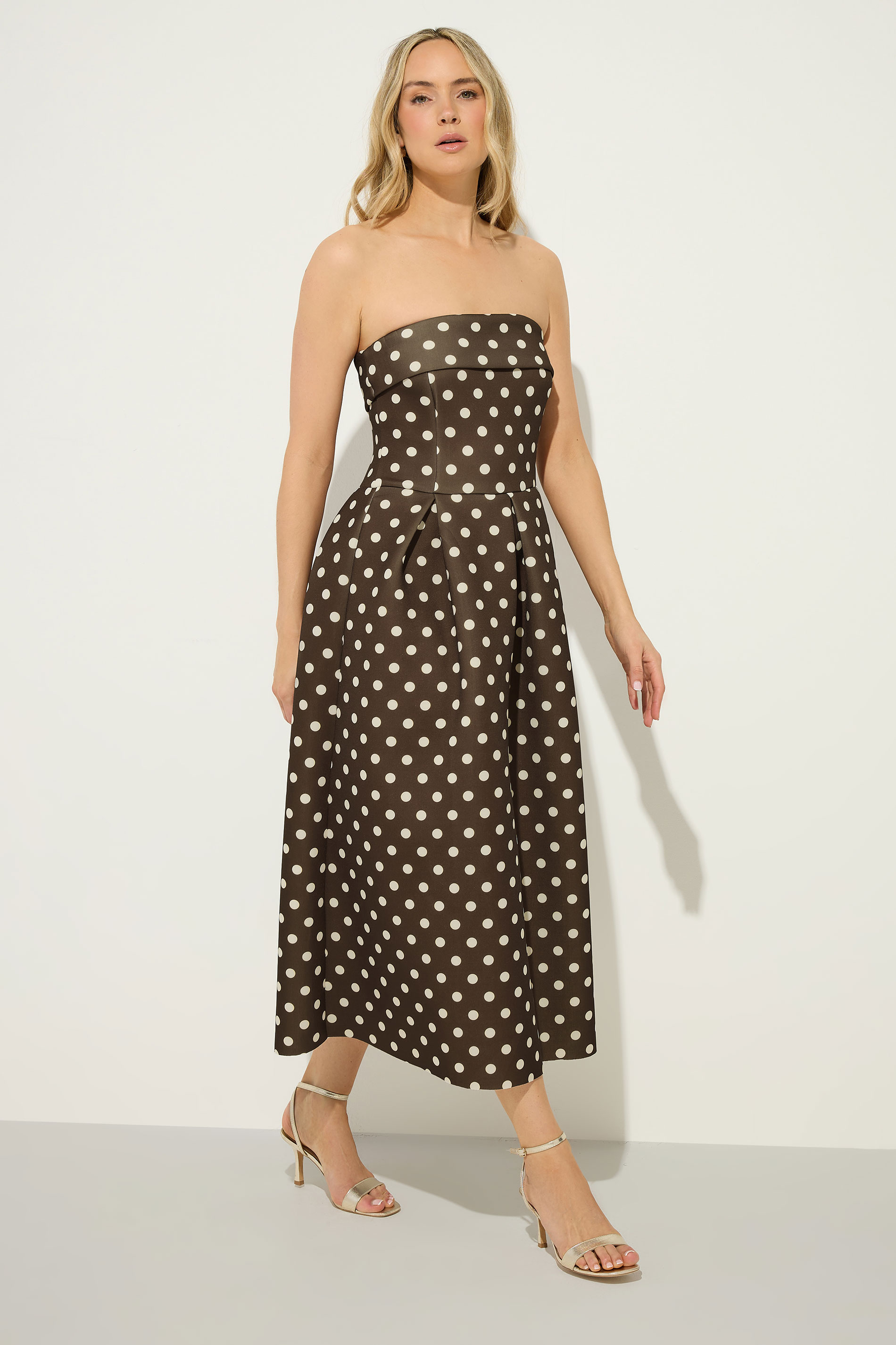 LTS Tall Women's Chocolate Brown Bandeau Polka Dot Pleated Midi Dress | Long Tall Sally 3