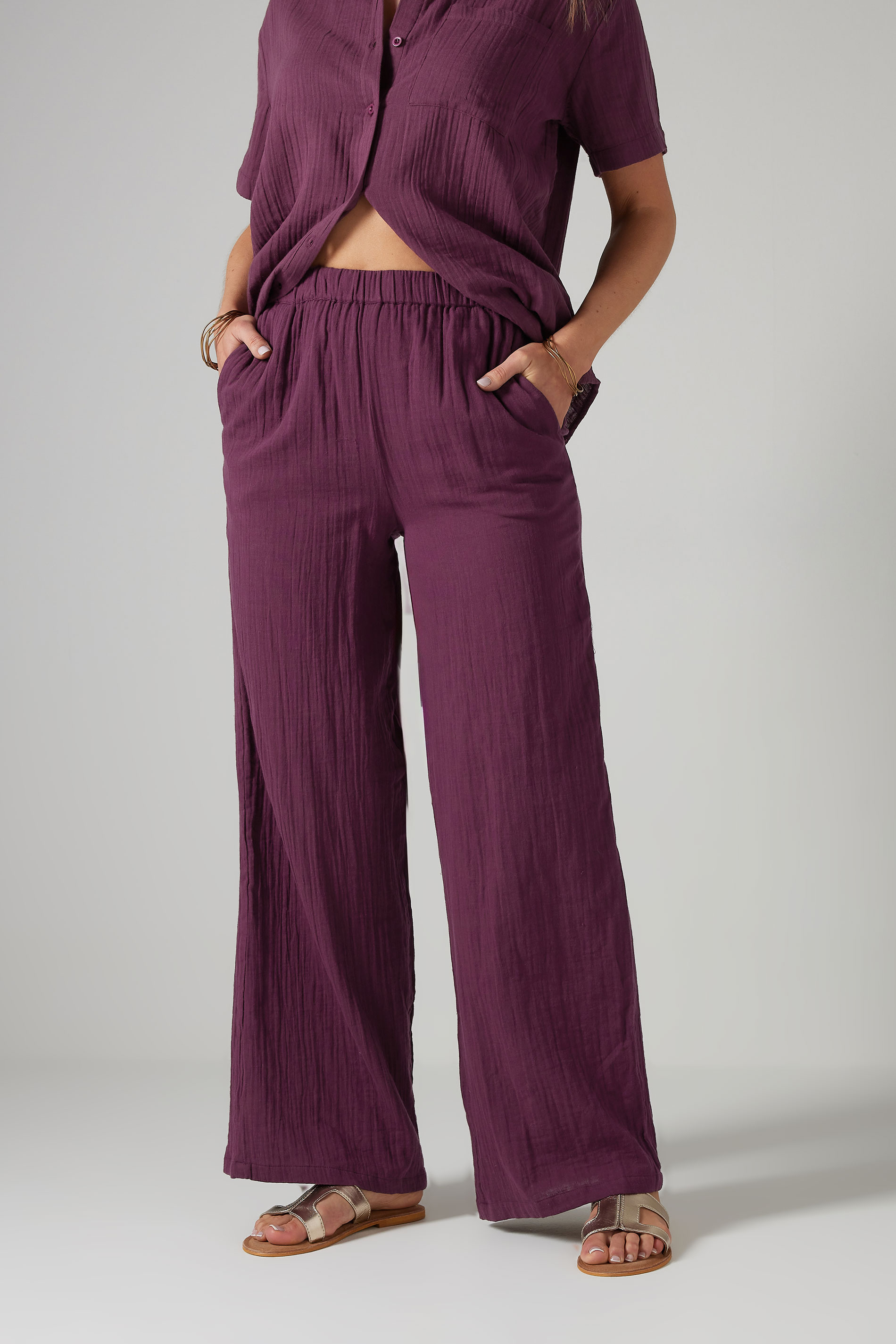 LTS Tall Dark Red Cotton Cheescloth Wide Leg Trousers | Long Tall Sally 1