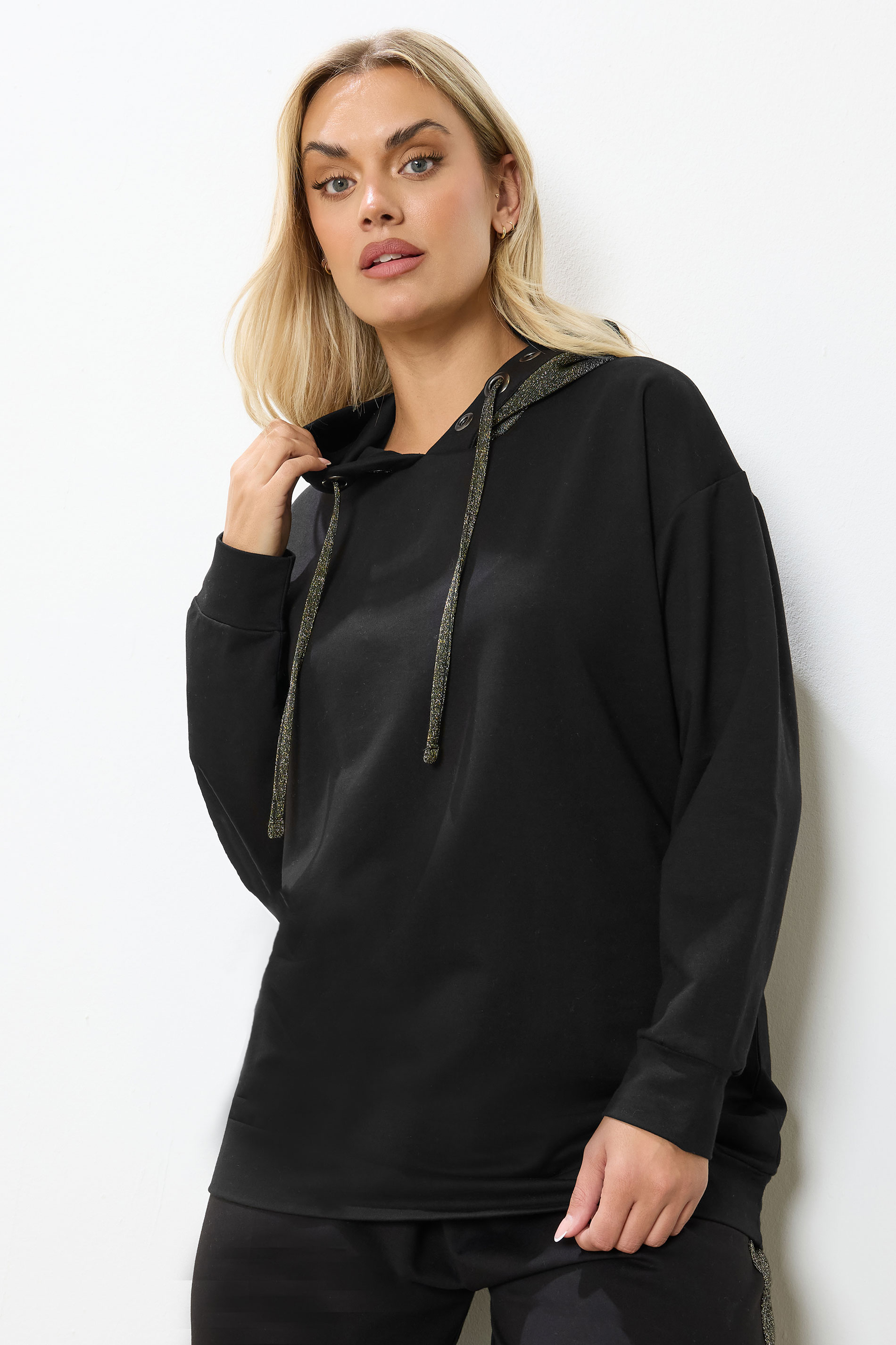 YOURS Plus Size Black & Gold Shimmer Trim Eyelet Hoodie | Yours Clothing 3