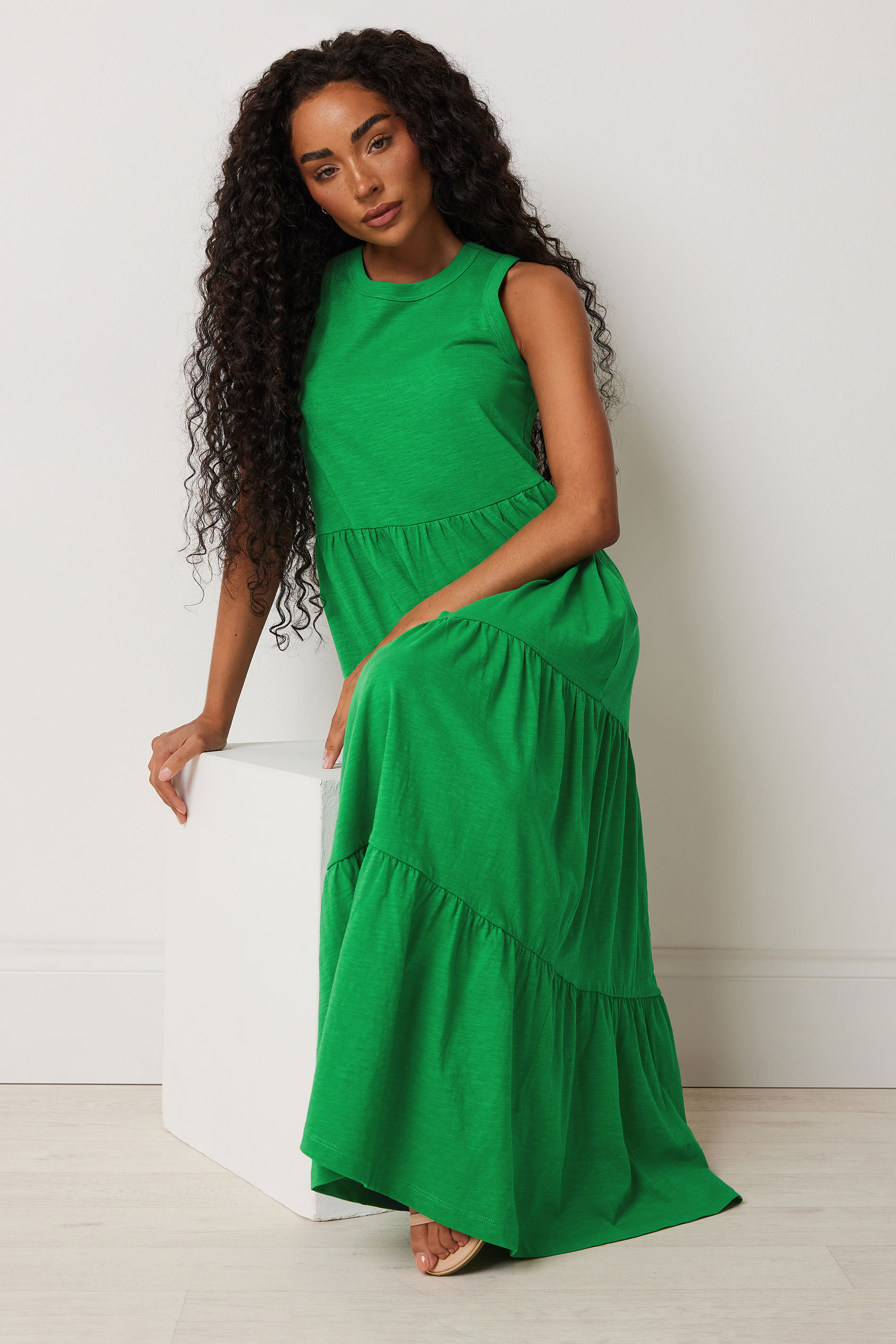 M&Co Petite Green Cotton Sleeveless Tiered Maxi Dress | M&Co 1