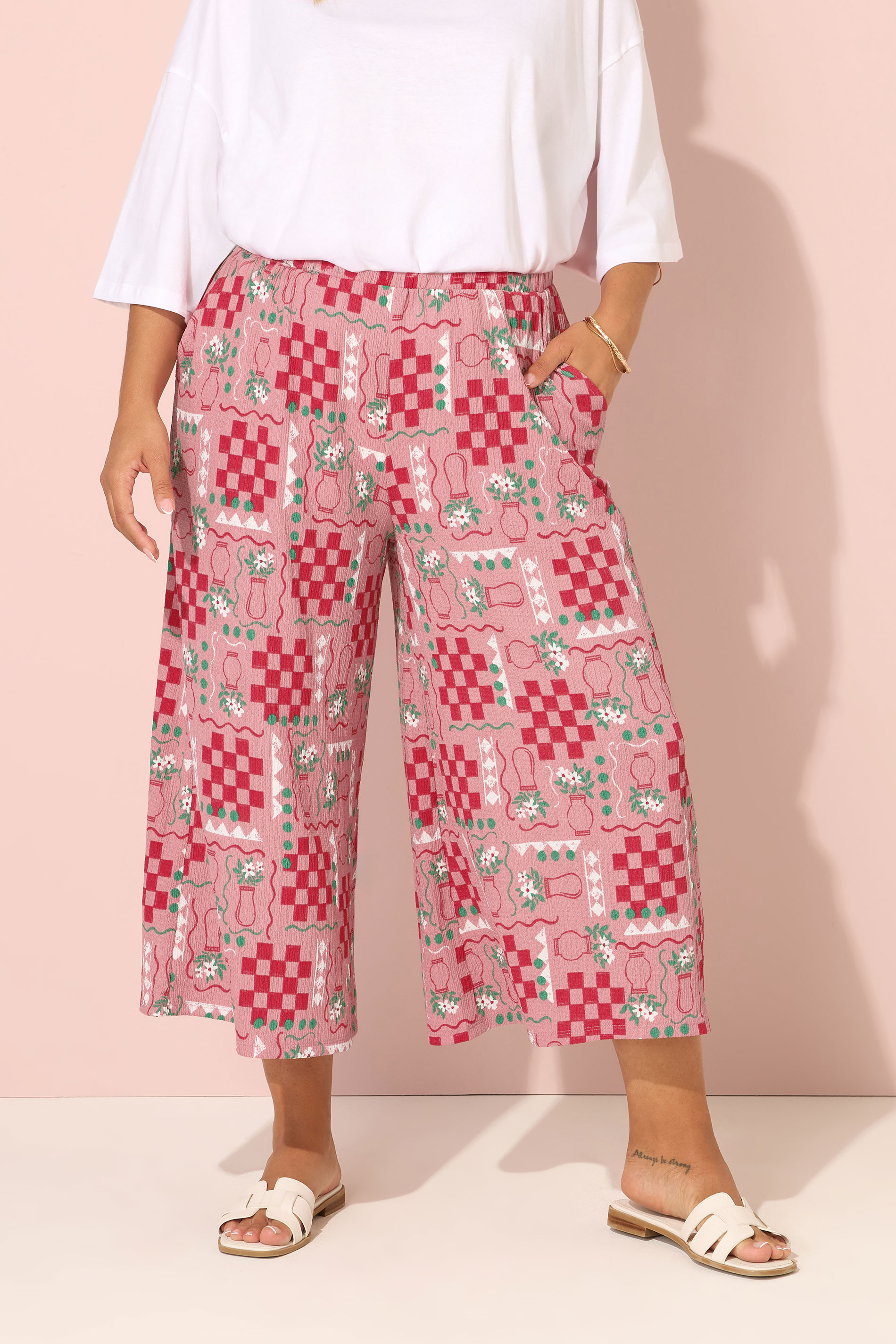 YOURS Plus Size Pink Floral Check Crinkle Midaxi Culottes | Yours Clothing 3