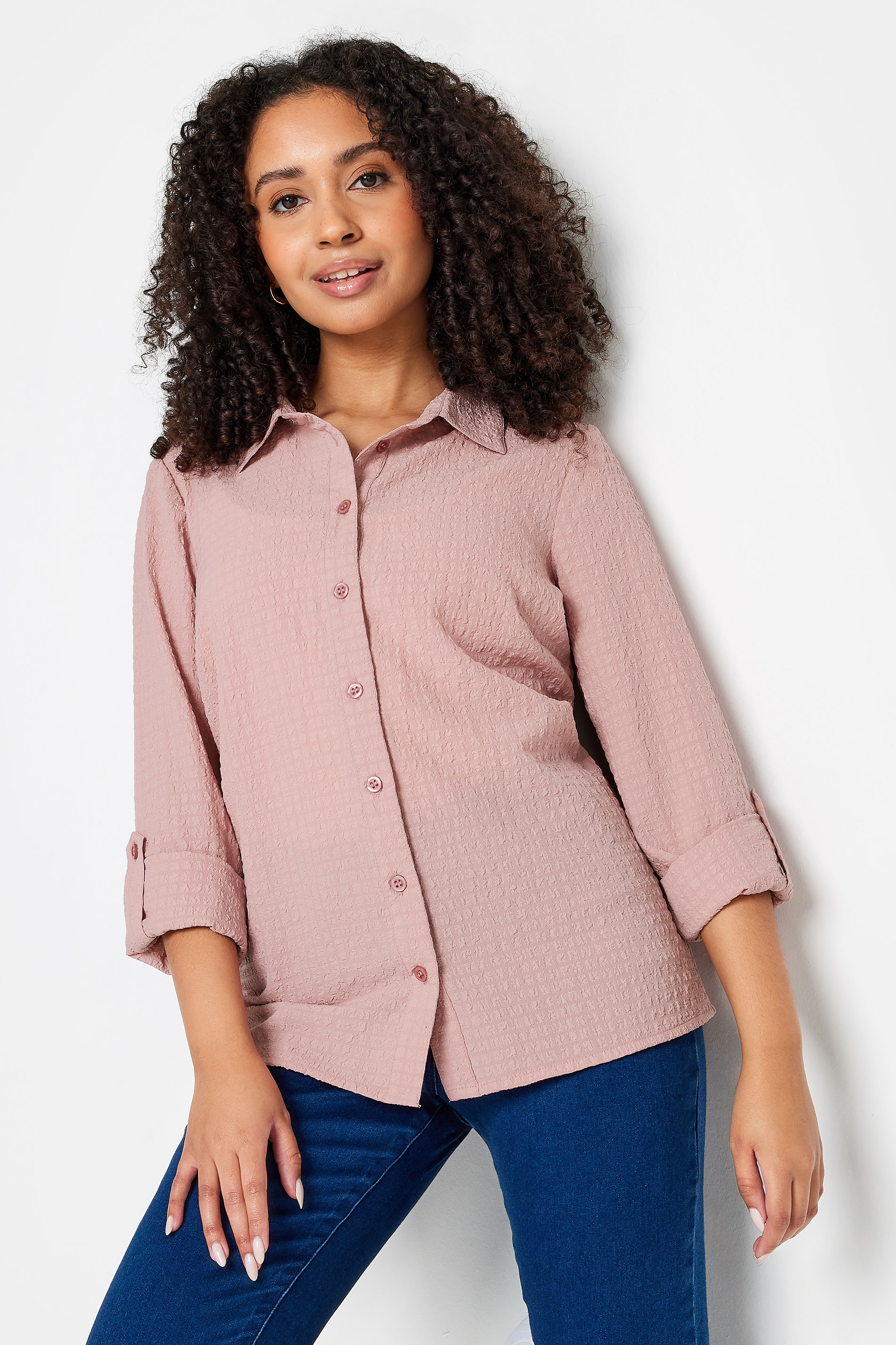 M&Co Petite Pink Textured Tab Sleeve Shirt | M&Co 1