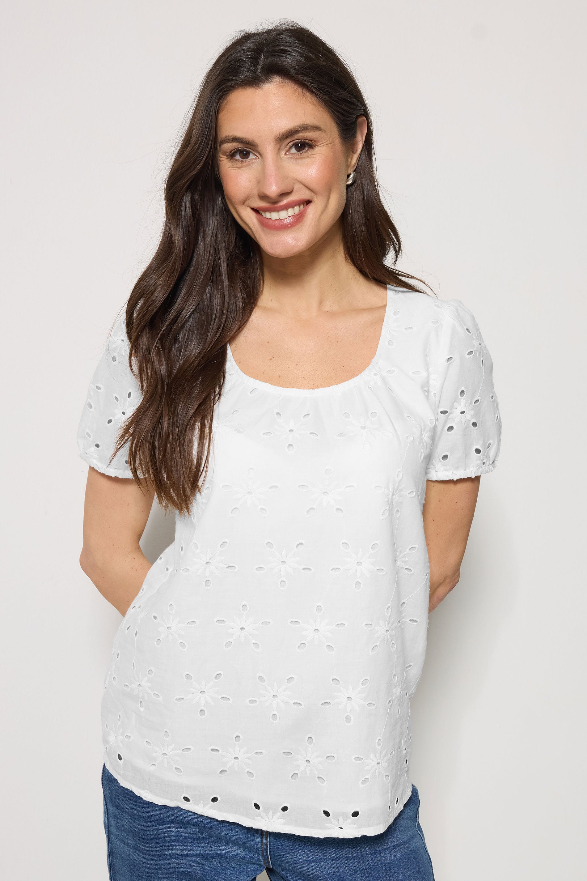 M&Co White Broderie Short Sleeve Cotton Top | M&Co 1