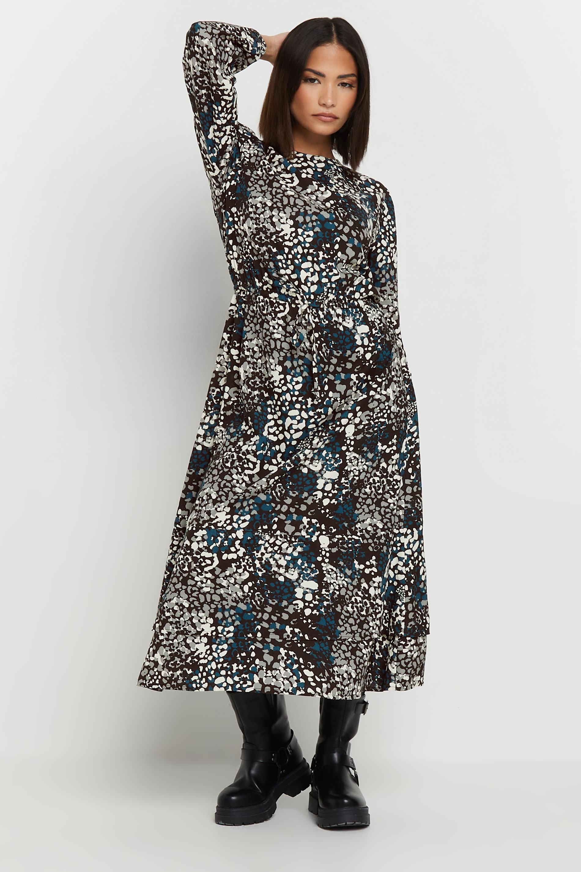 PixieGirl Petite Women's Blue Woven Abstract Tie Waist Midi Dress | PixieGirl 3