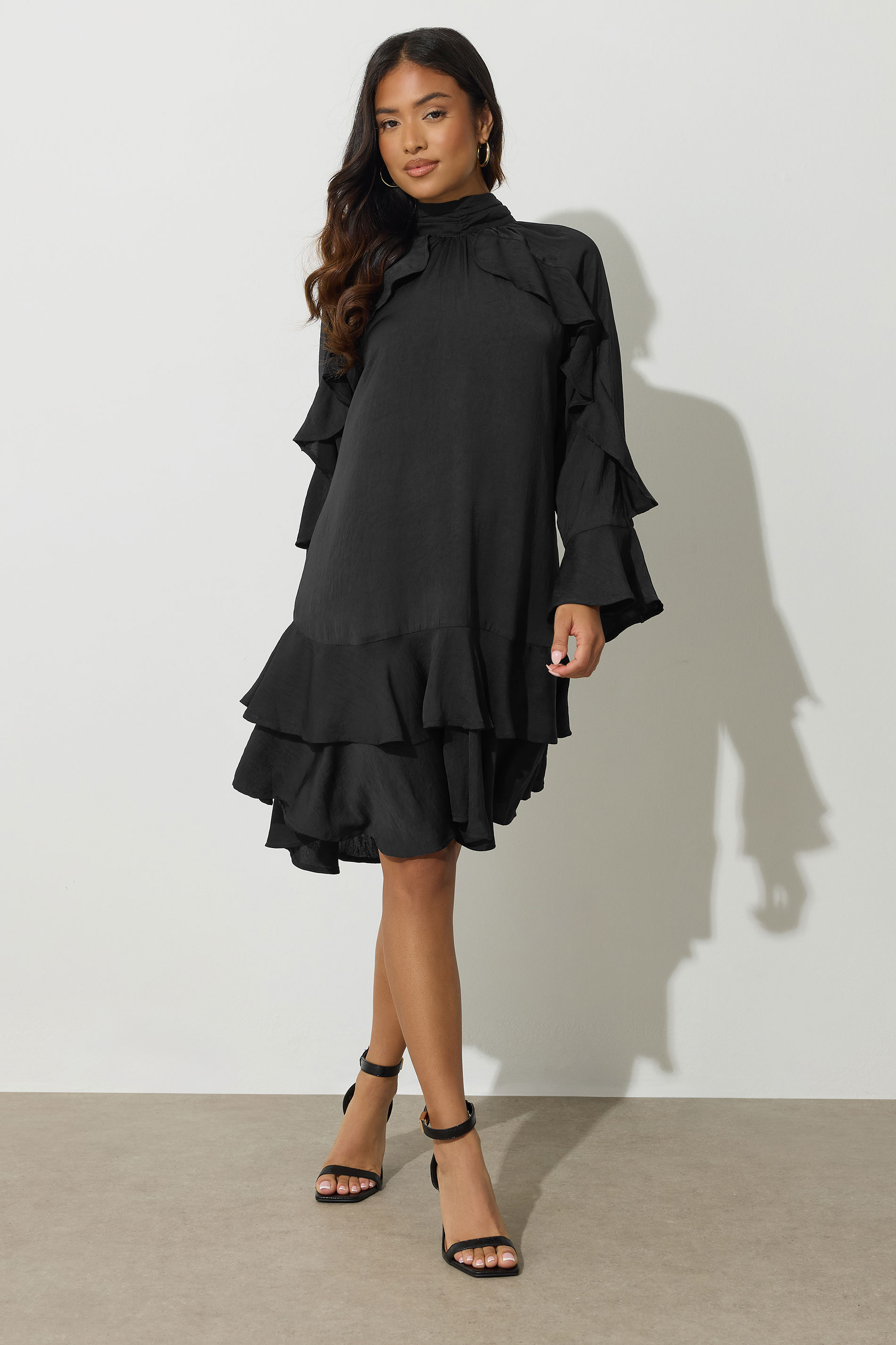 PixieGirl Petite Women's Black Hammered Satin Frill Smock Dress | PixieGirl 2