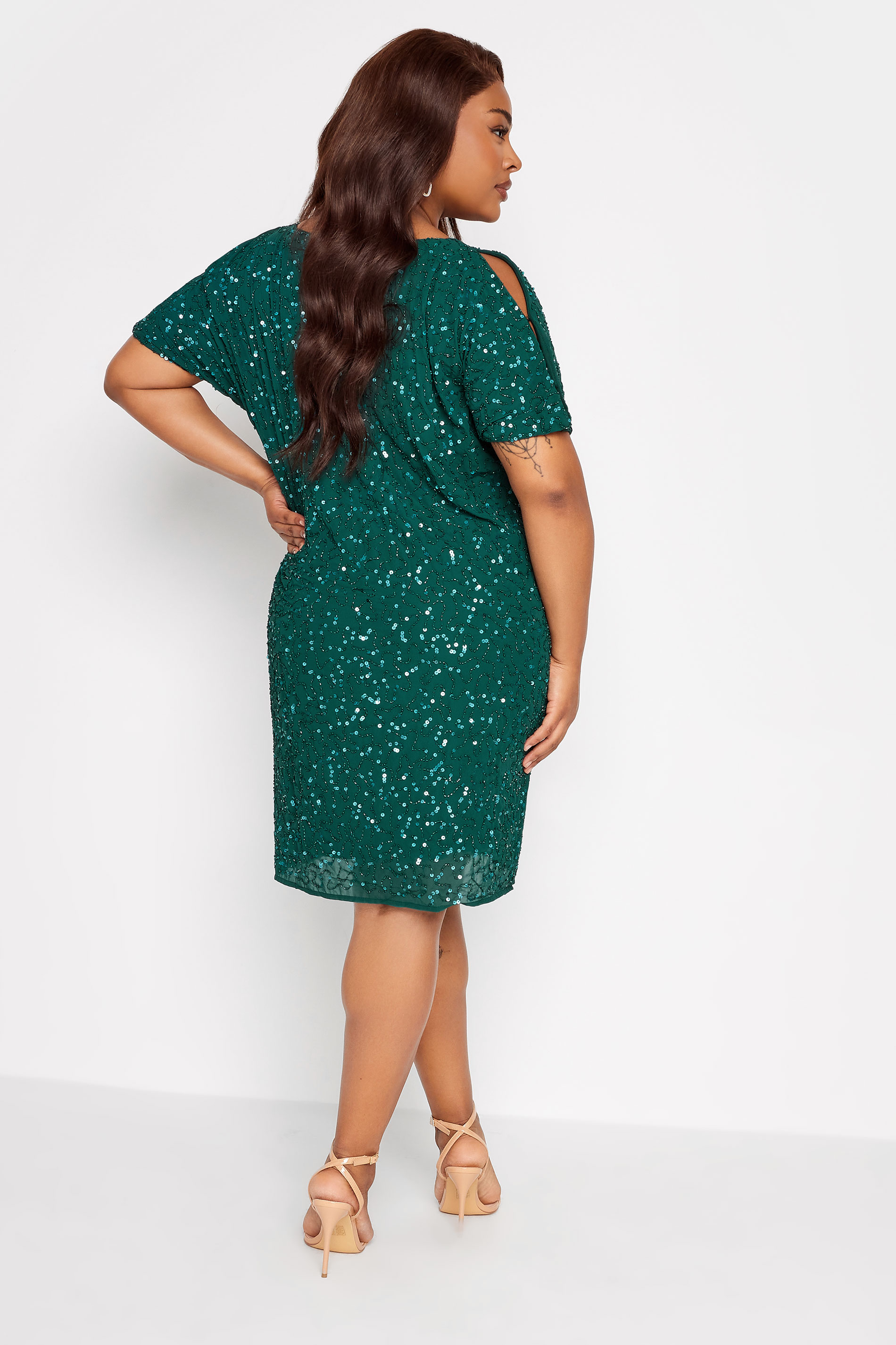 LUXE Plus Size Forest Green Sequin Hand Embellished Cape Dress | Yours Clothing 3