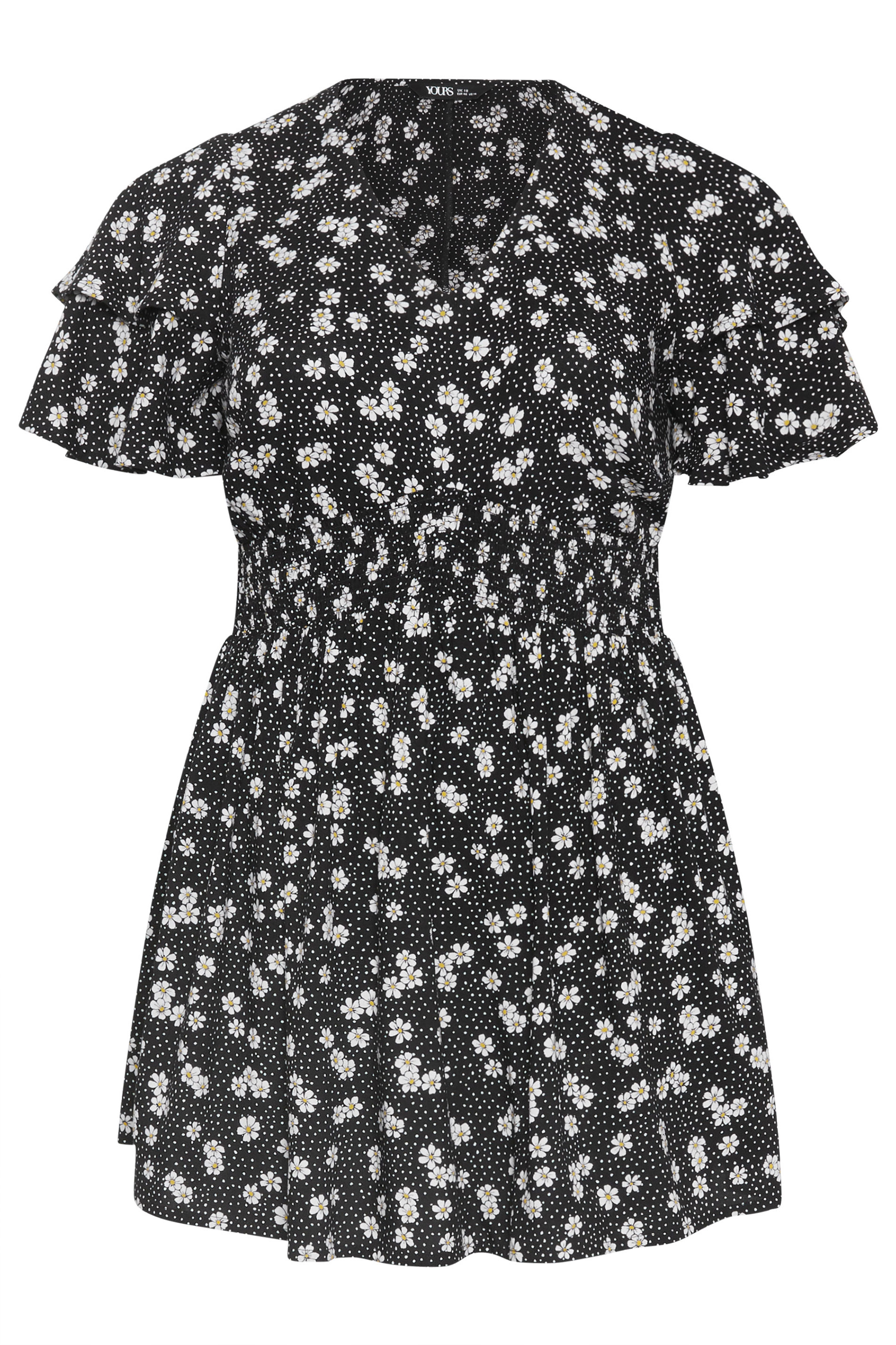 YOURS Plus Size Black Daisy Flutter Sleeve Top | Yours Clothing 5